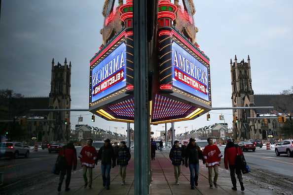 The electronic screen on the Fox Theater marquee advertises the upcoming Republican presidential debate March 2, 2016 in Detroit, Michigan.