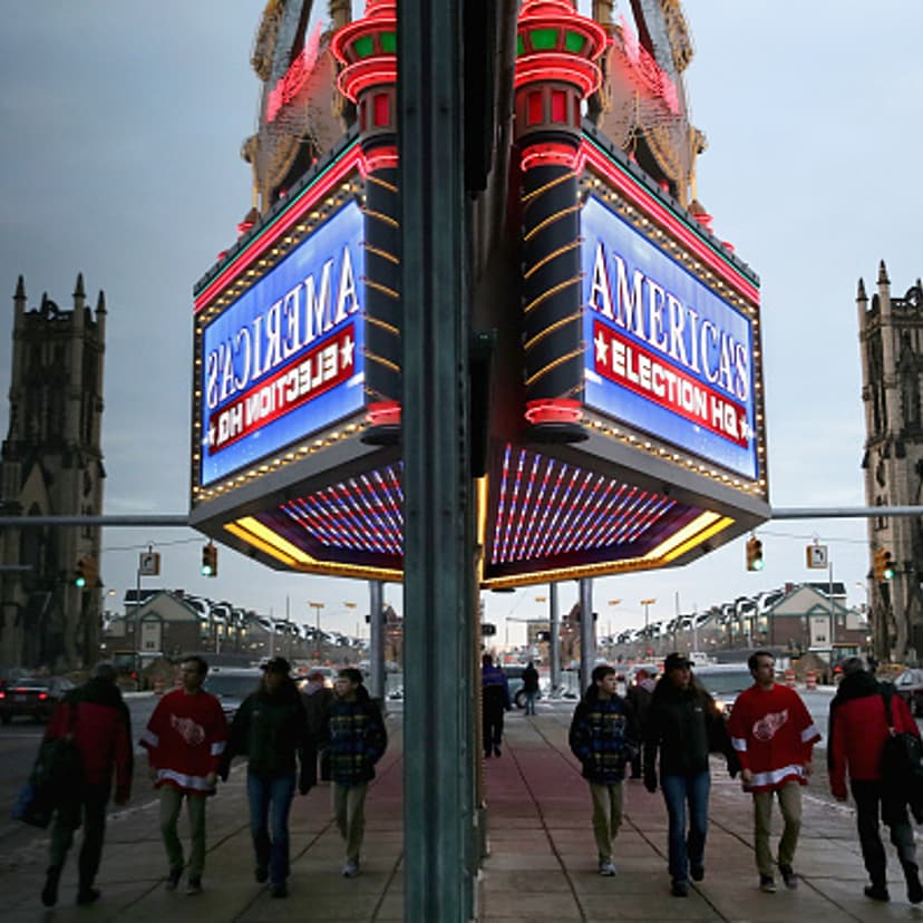 The electronic screen on the Fox Theater marquee advertises the upcoming Republican presidential debate March 2, 2016 in Detroit, Michigan.