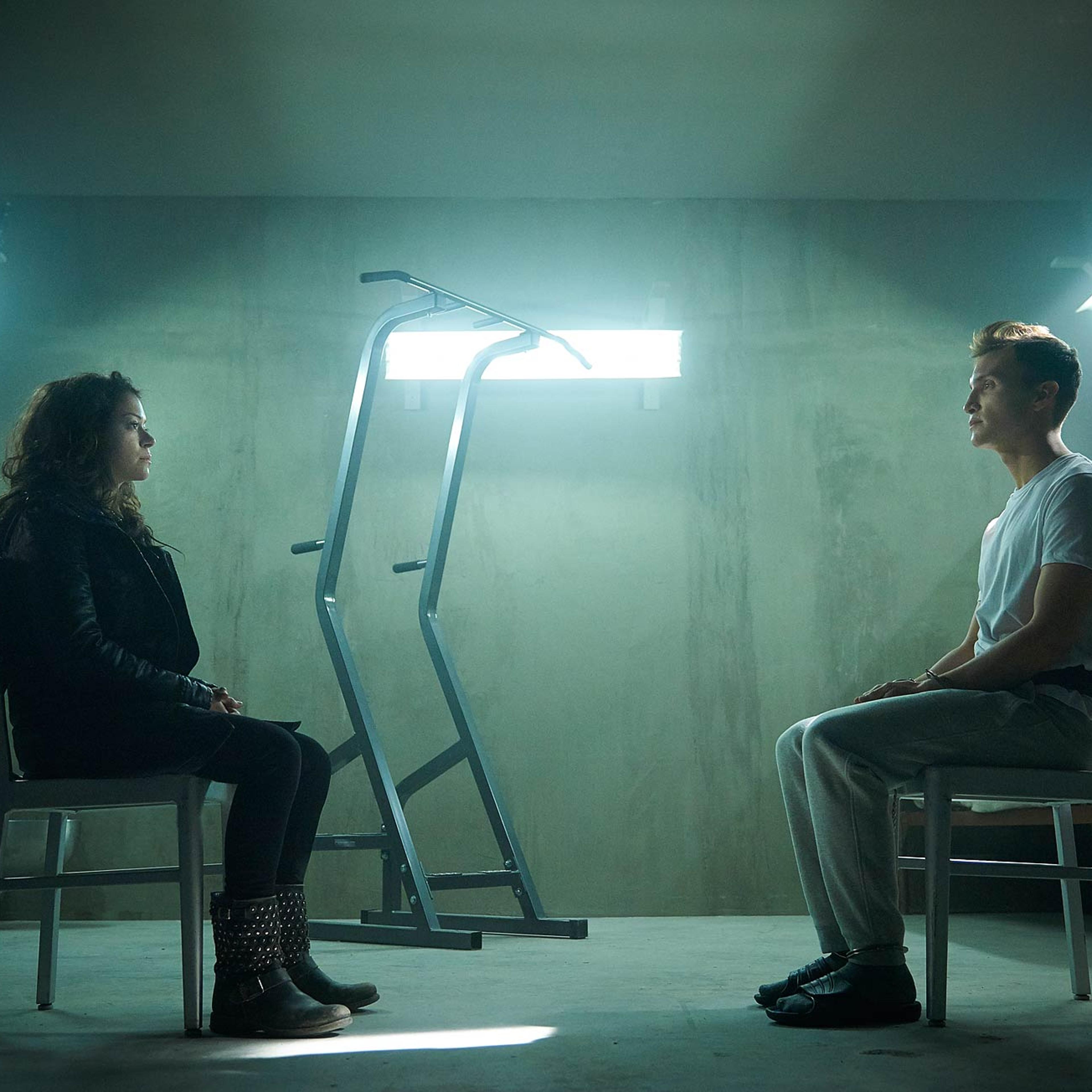 Tatiana Maslany as Sarah and Ari Millen as Rudy in <i>Orphan Black</i>