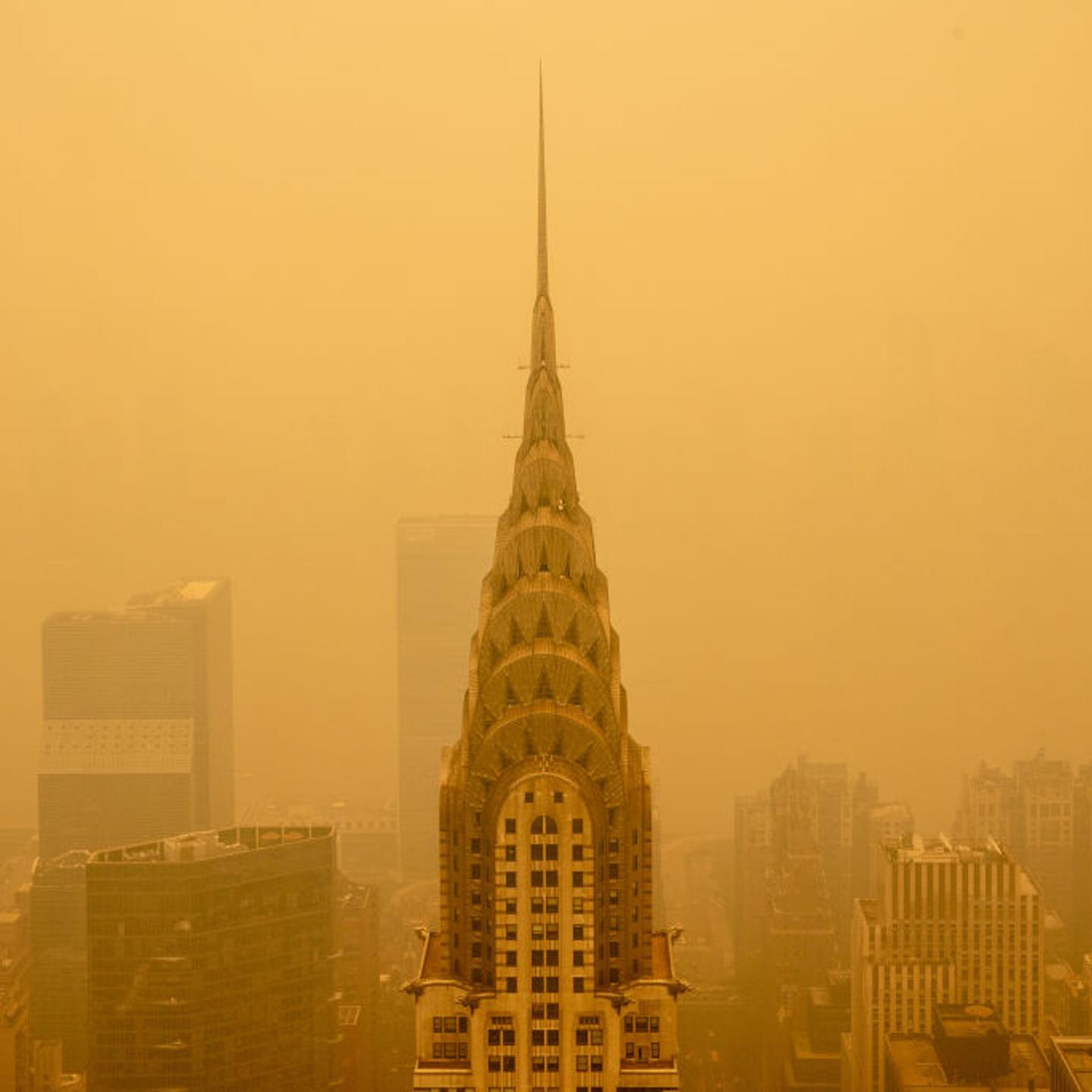 Smoky haze from wildfires in Canada diminishes the visibility of the Chrysler Building on June 7, 2023 in New York City.