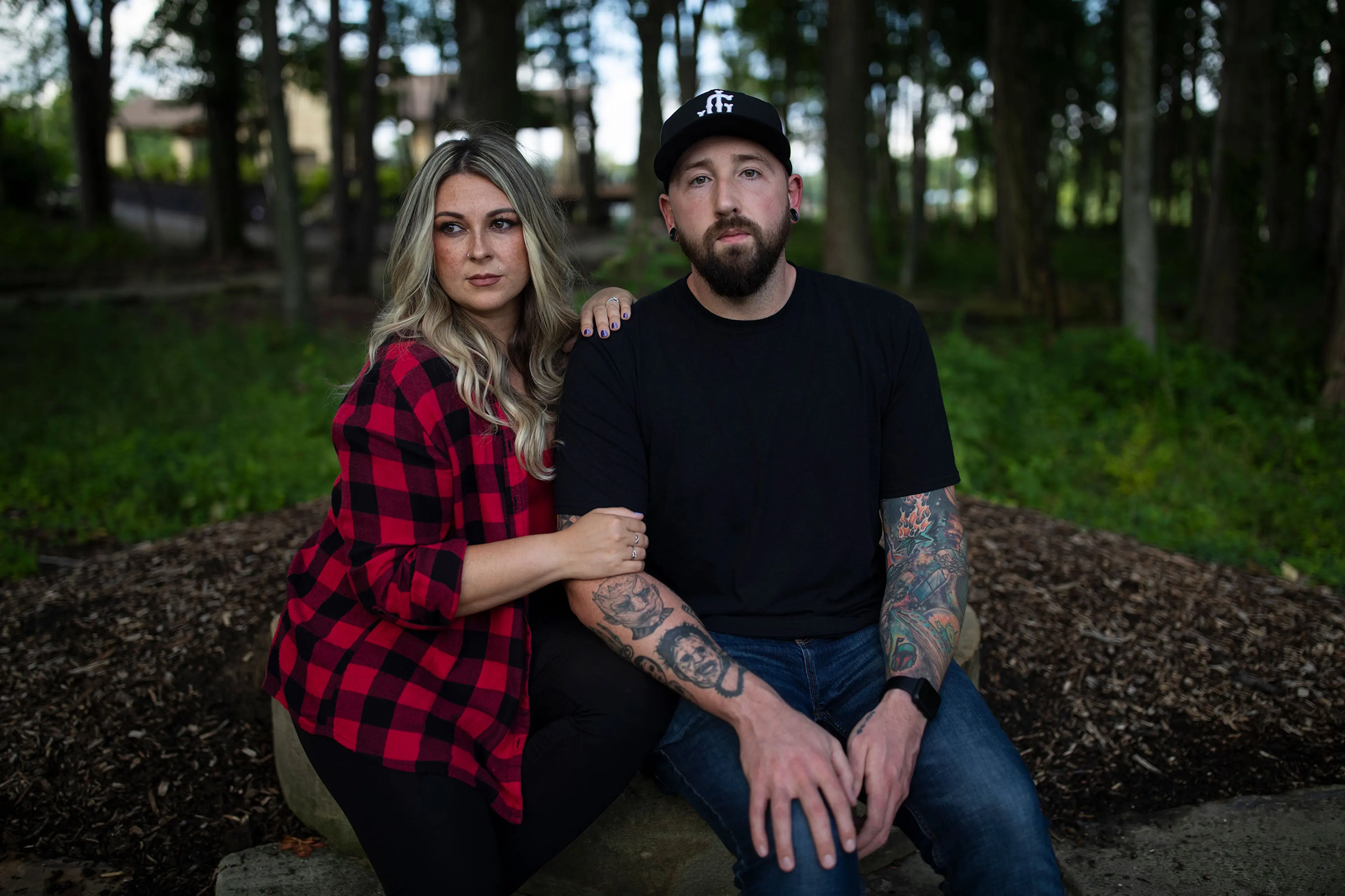 Tara and Justin George sit in Coe Lake Park near their home in Berea, OH on August 22, 2022. Tara had a wanted pregnancy and found out at 20 weeks that the fetus had multiple lethal anomalies, which would also have put her own life in danger even if she
