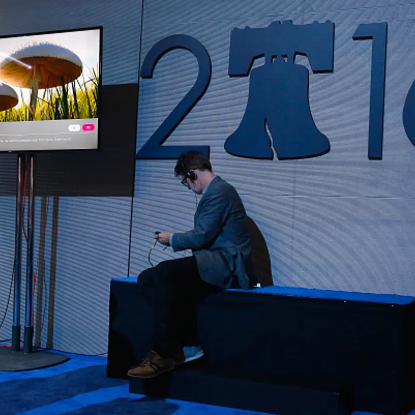 An attendee prepares for the start of the second day of the Democratic National Convention at the Wells Fargo Center, July 26, 2016 in Philadelphia, Pennsylvania.
