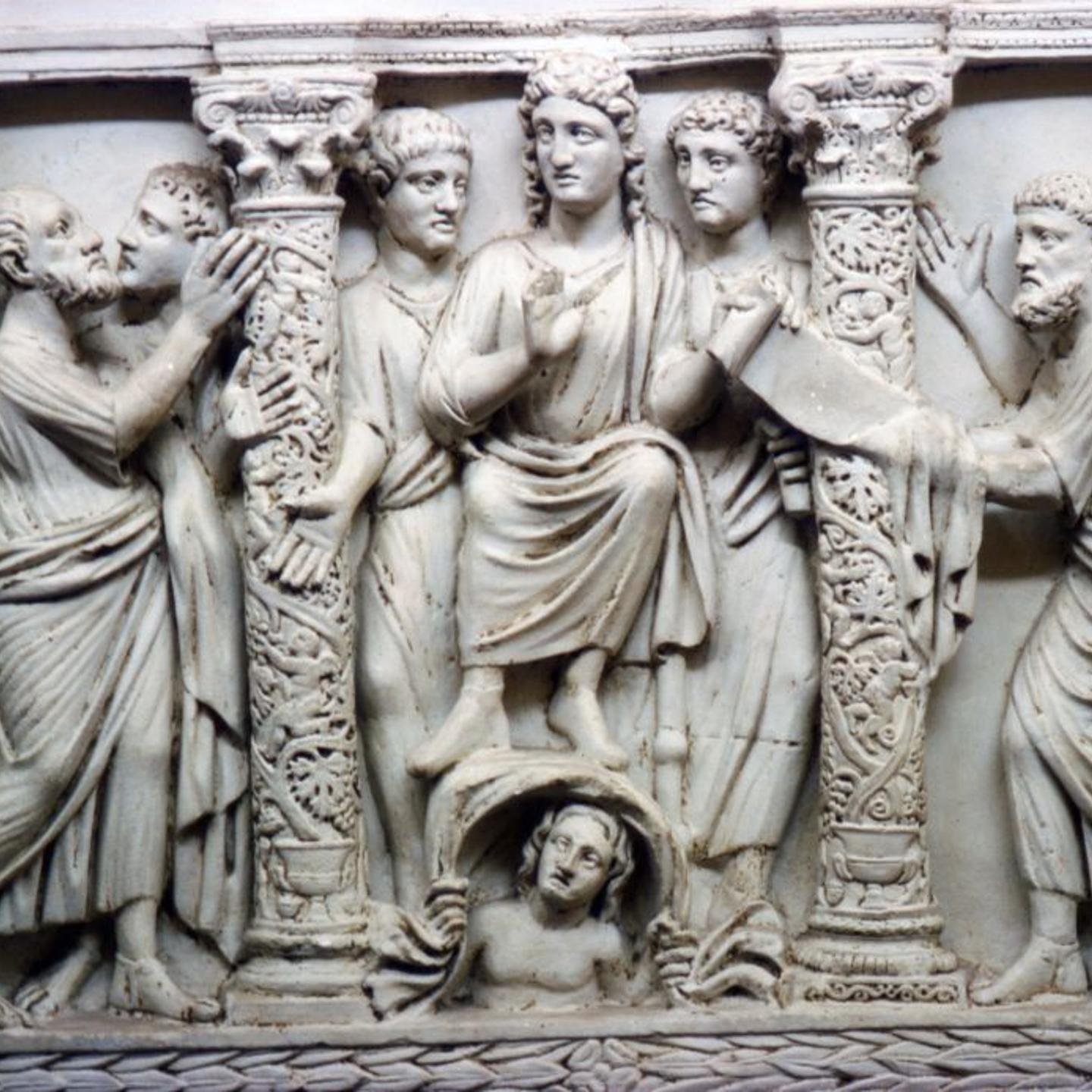 Christ Handing Scrolll Of New Law To St Peter While Looking At St Paul