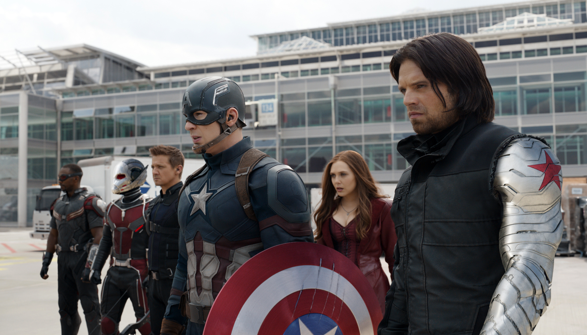 From left: Anthony Mackie, Paul Rudd, Jeremy Renner, Chris Evans, Elizabeth Olsen, and Sebastian Stan in Captain America: Civil War.