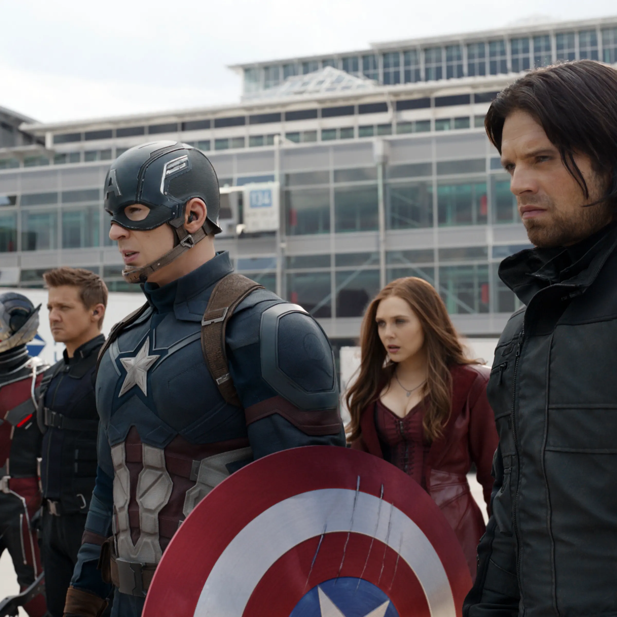 From left: Anthony Mackie, Paul Rudd, Jeremy Renner, Chris Evans, Elizabeth Olsen, and Sebastian Stan in Captain America: Civil War.