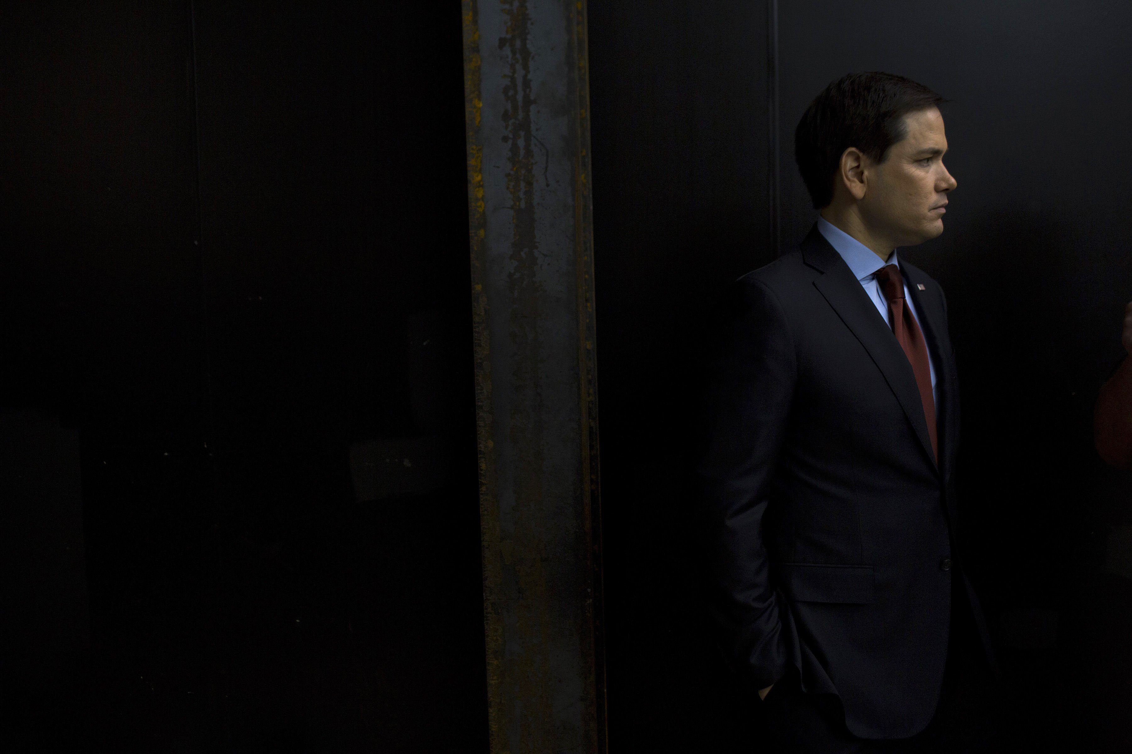 Republican presidential candidate Marco Rubio appears at a caucus event with his family on Feb. 1, 2016, in Clive, Iowa.