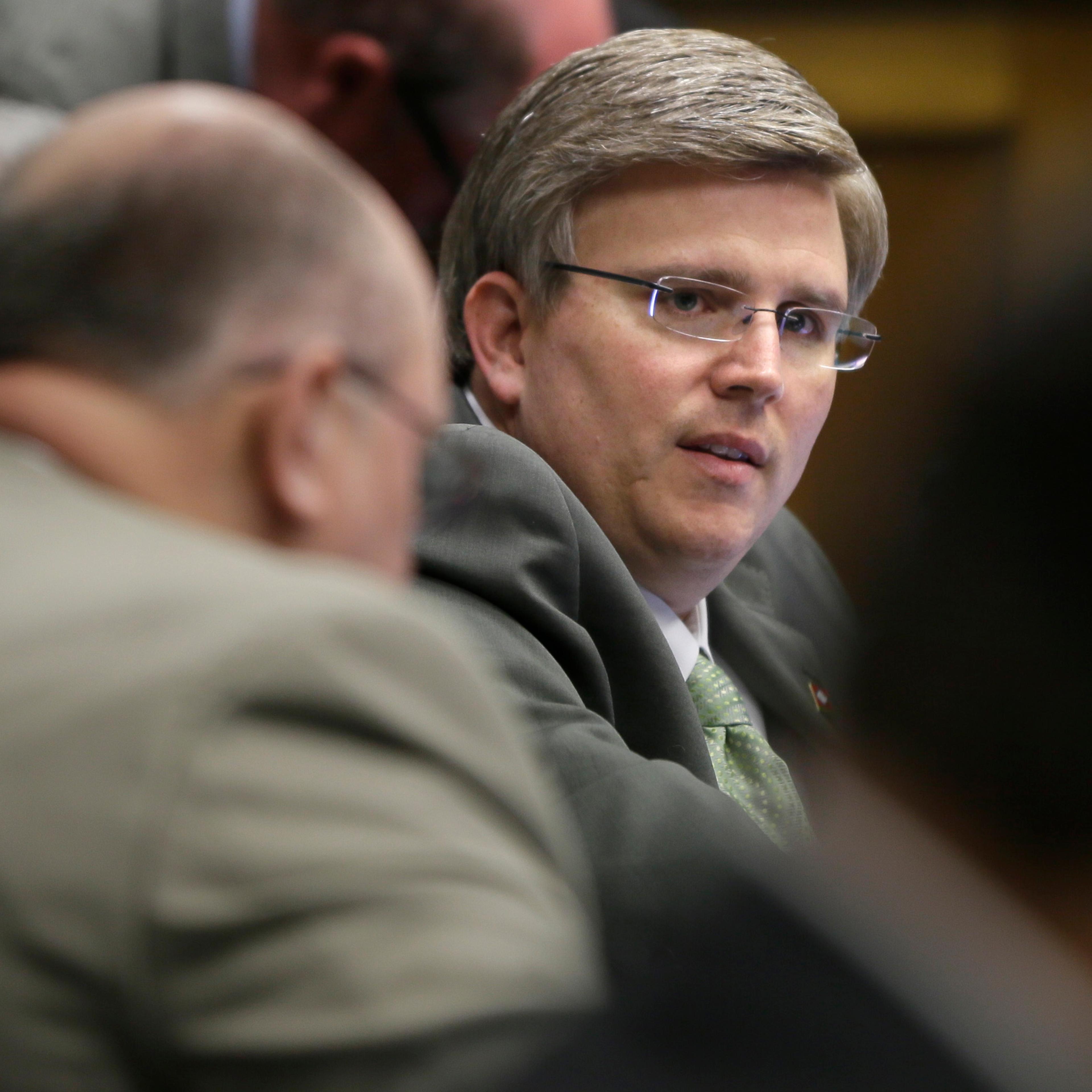 Rep. Justin T. Harris, R-West Fork, questions a witness during a meeting of the House Committee on Education at the Arkansas state Capitol in Little Rock, Ark. on Feb. 26, 2015.