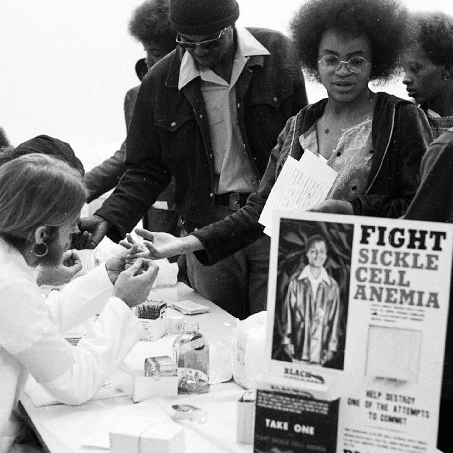 Black Panthers put on a Black Community Survival Conference, at the Civic Auditorium. April 1972, Bags of groceries are given away, and participants can also take sickle cell anemia tests and register to vote
