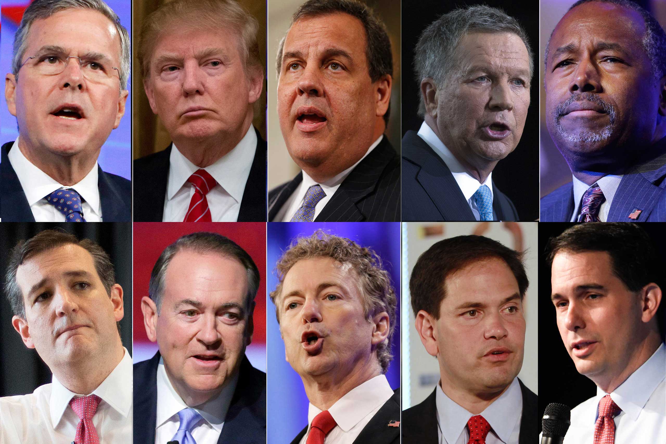 This combo made from file photos shows the final roster for the first Republican presidential debate as of Aug. 4, 2015. Top row, from left, Former Florida Gov. Jeb Bush, real estate mogul Donald Trump, New Jersey Gov. Chris Christie, former Ohio Gov. John Kasich, retired neurosurgeon Ben Carson. Bottom row, from left, Texas U.S. Sen. Ted Cruz, former Arkansas Gov. Mike Huckabee, Kentucky U.S. Sen. Rand Paul, Florida U.S. Sen. Marco Rubio and Wisconsin Gov. Scott Walker.  (AP Photo)