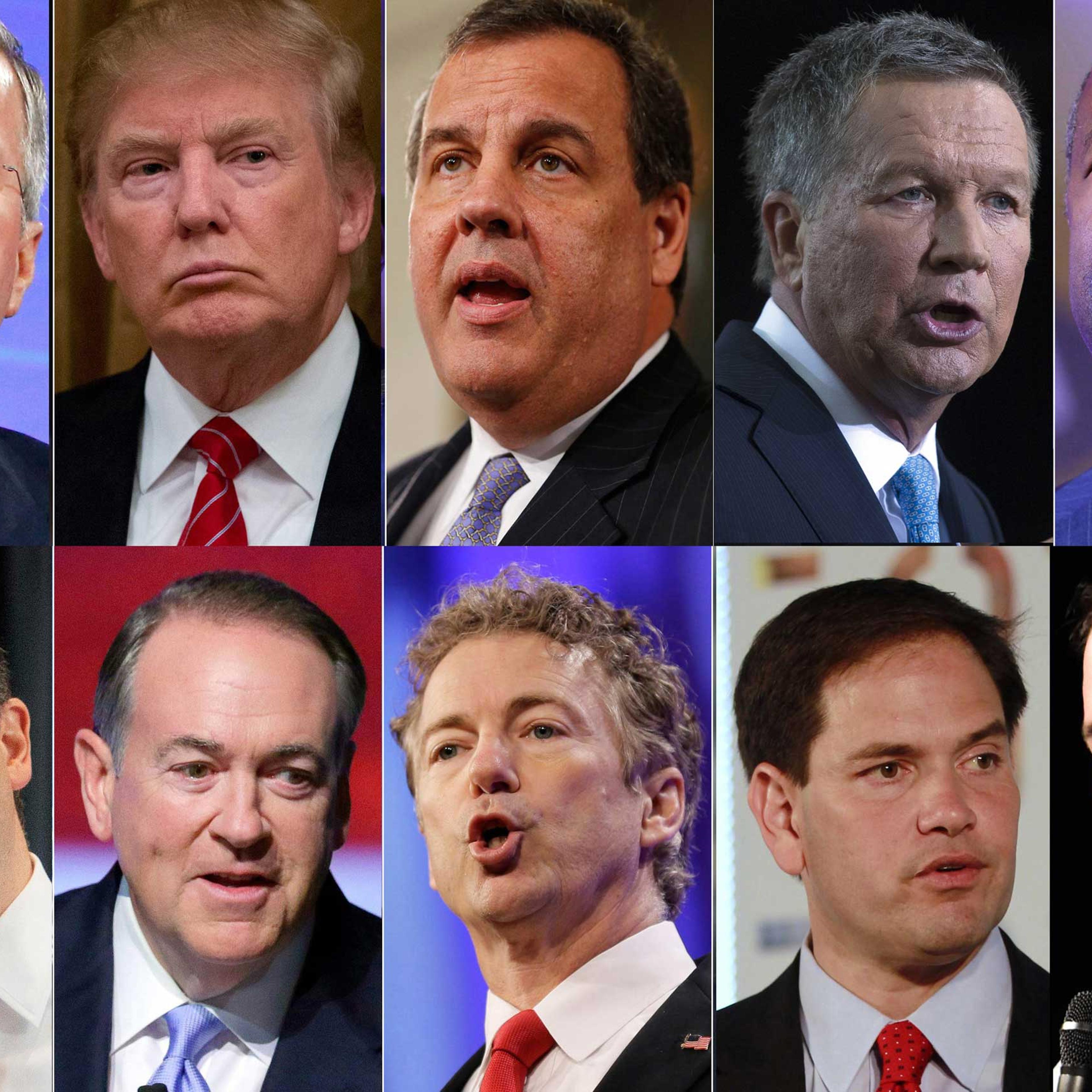 This combo made from file photos shows the final roster for the first Republican presidential debate as of Aug. 4, 2015. Top row, from left, Former Florida Gov. Jeb Bush, real estate mogul Donald Trump, New Jersey Gov. Chris Christie, former Ohio Gov. John Kasich, retired neurosurgeon Ben Carson. Bottom row, from left, Texas U.S. Sen. Ted Cruz, former Arkansas Gov. Mike Huckabee, Kentucky U.S. Sen. Rand Paul, Florida U.S. Sen. Marco Rubio and Wisconsin Gov. Scott Walker. (AP Photo)