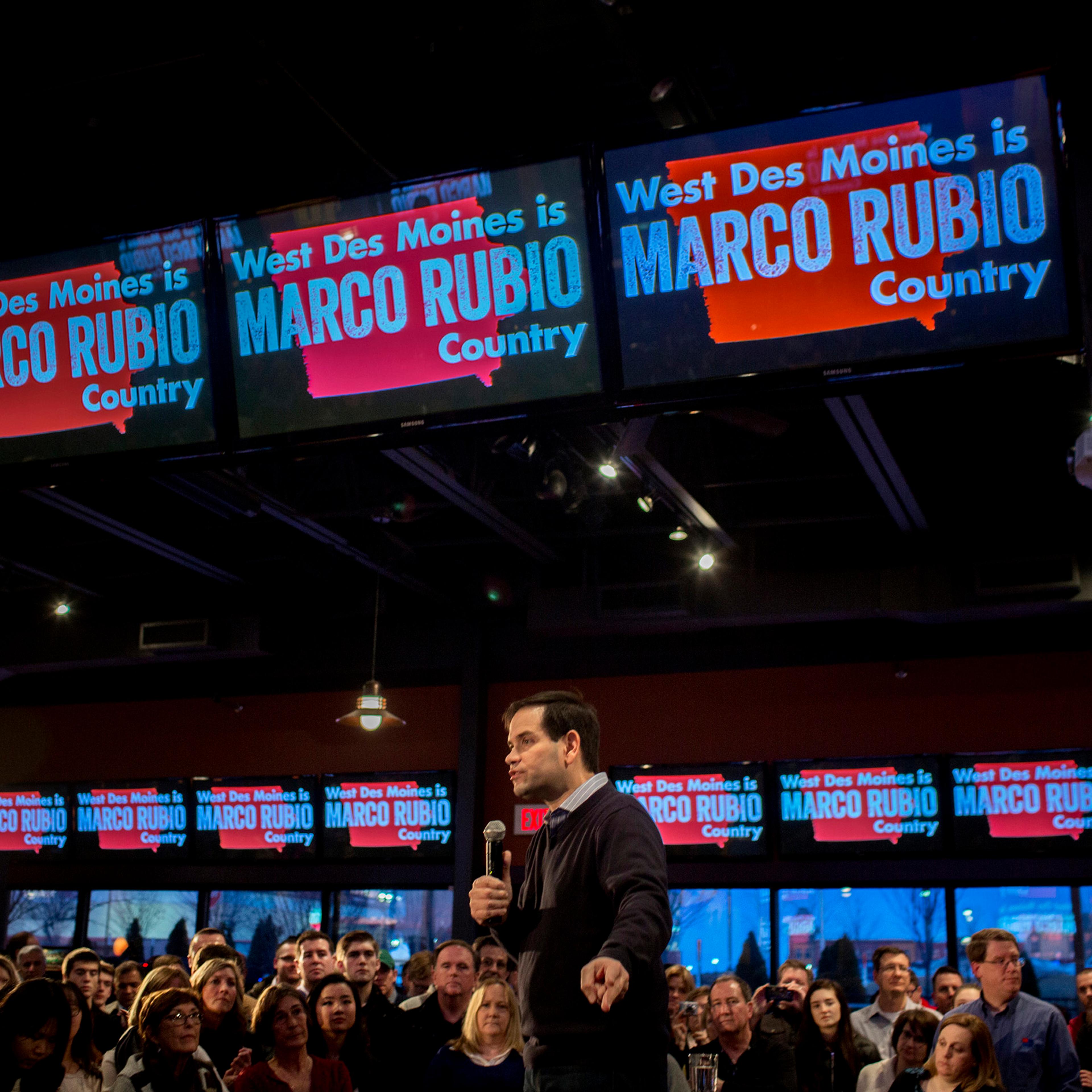 Marco Rubio spoke to supporters at a campaign rally at the Wellman's Pub and Rooftop in Des Moines Iowa on Wednesday evening, January 27th 2016. (Natalie Keyssar for TIME)