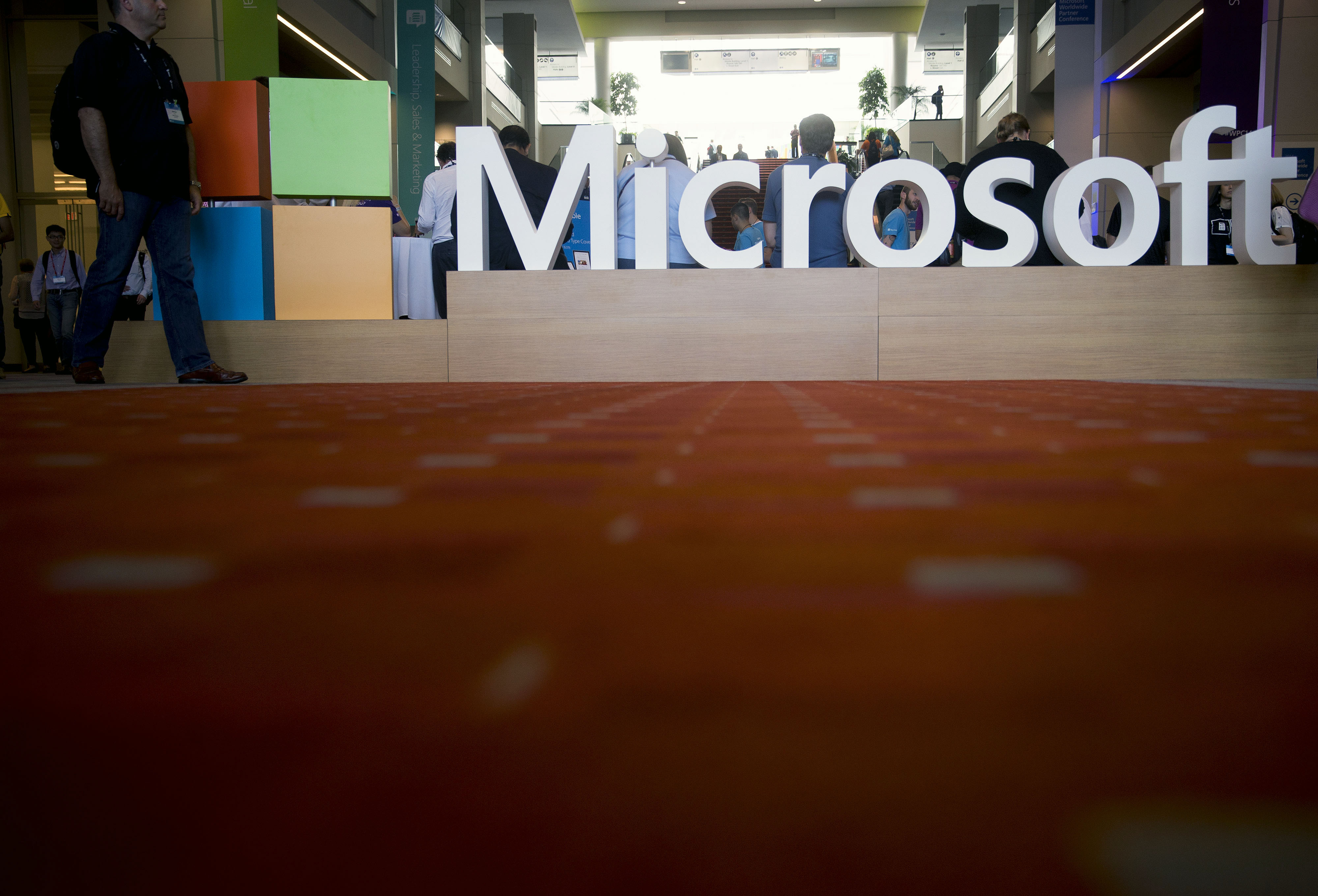 The Microsoft Corp. logo sits on display during the Microsoft Worldwide Partner Conference in Washington, D.C. on July 16, 2014.