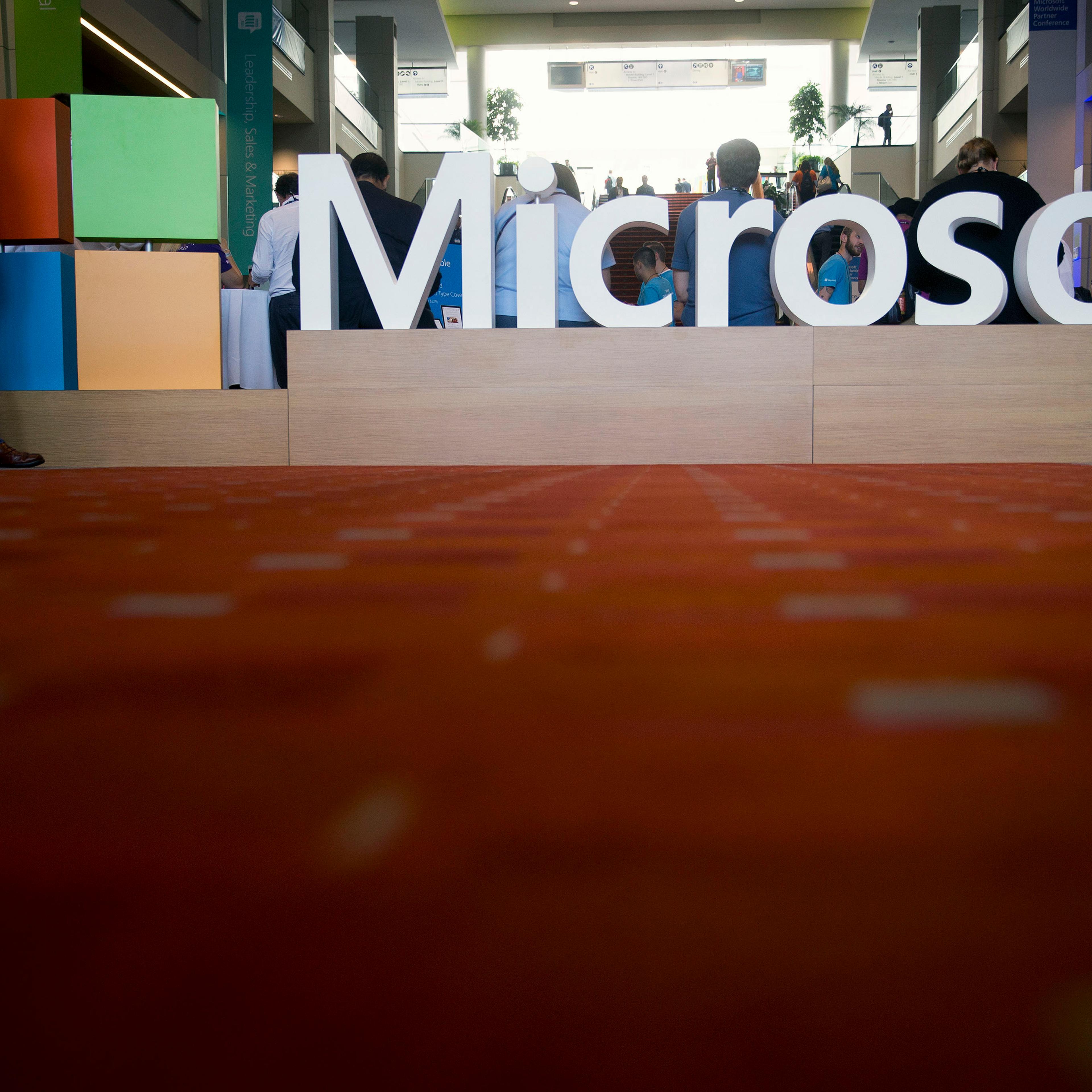 The Microsoft Corp. logo sits on display during the Microsoft Worldwide Partner Conference in Washington, D.C. on July 16, 2014.