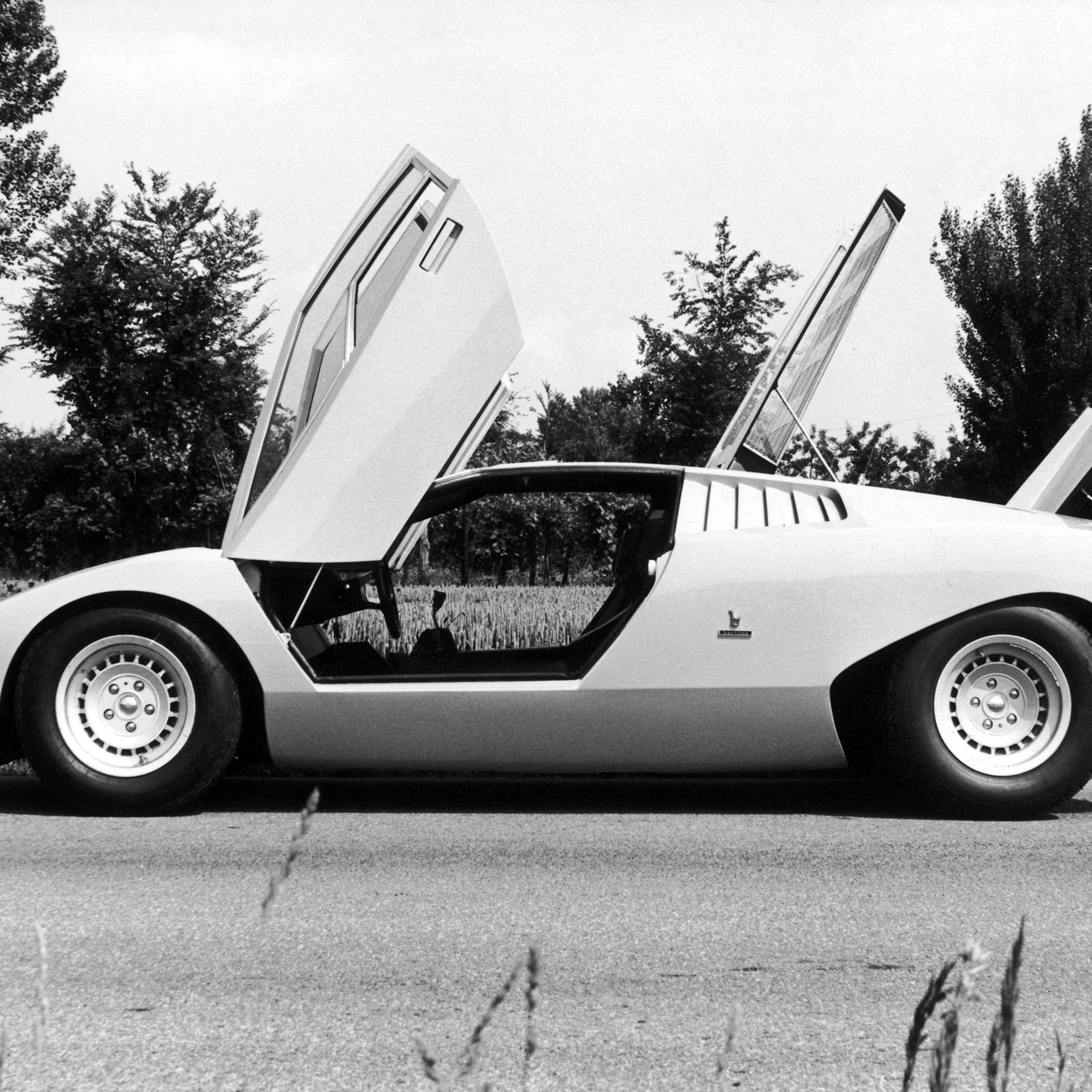 The Lamborghini LP500, first prototype of the Countach sports car, designed by by Marcello Gandini of the Bertone design studio, circa 1972.