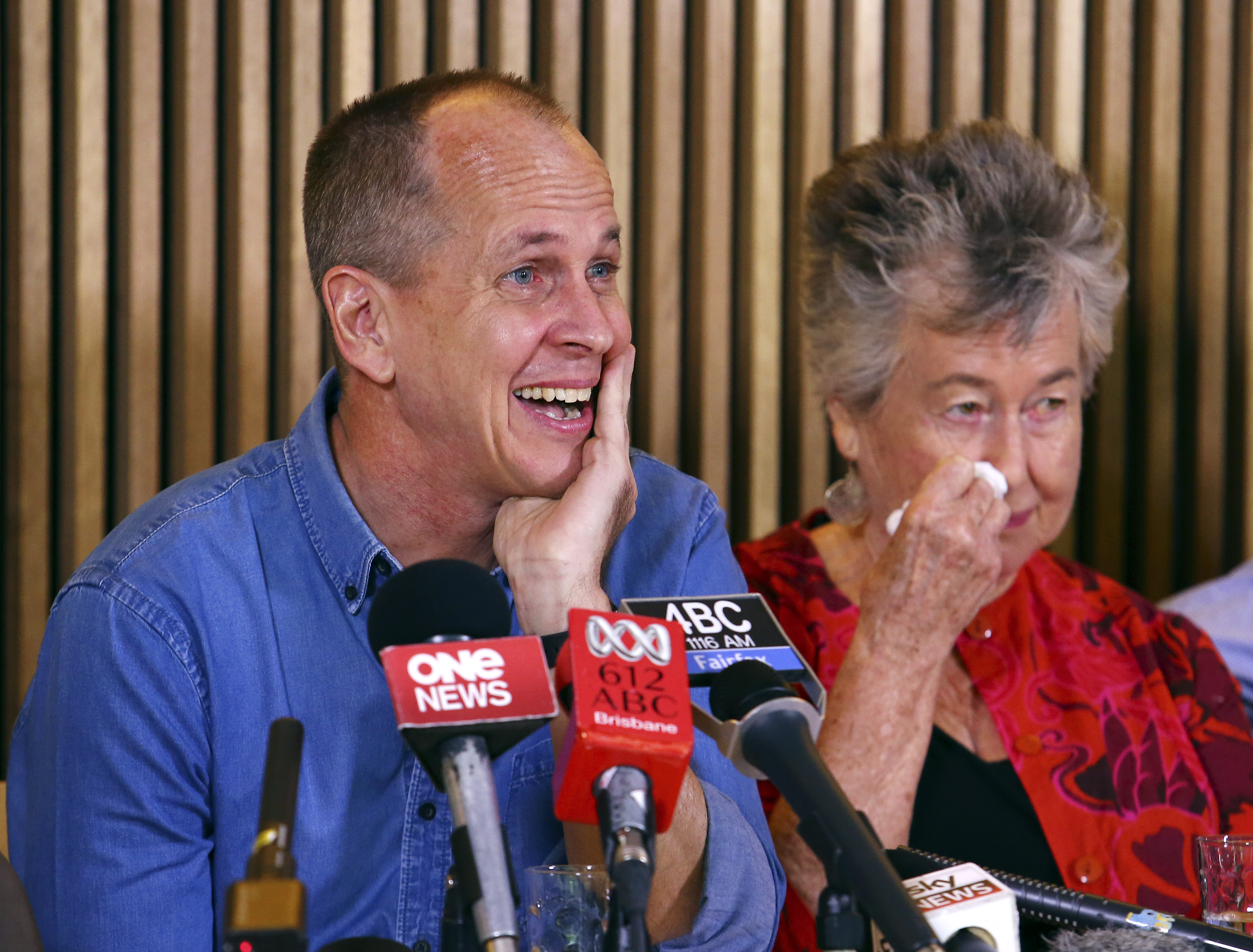 From left: Australian journalist Peter Greste and his mother Lois attend a press conference in Brisbane, Australia, Feb. 5, 2015.