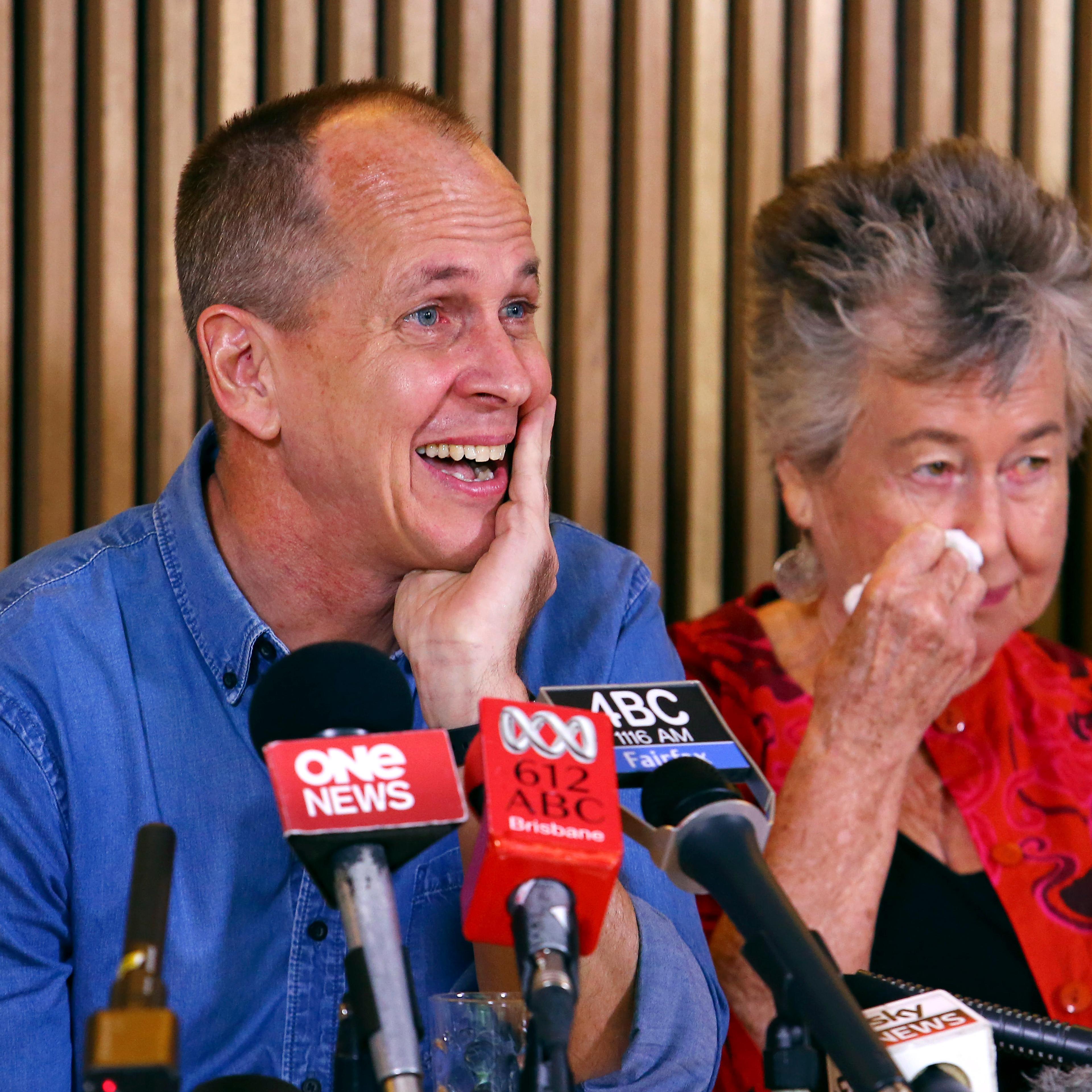 From left: Australian journalist Peter Greste and his mother Lois attend a press conference in Brisbane, Australia, Feb. 5, 2015.