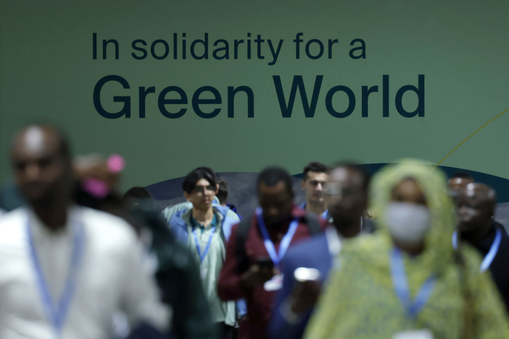 COP29 participants walk past a banner that reads: "In solidarity with a Green World" on the opening day of the Climate Conference on Nov. 11, 2024 in Baku, Azerbaijan.