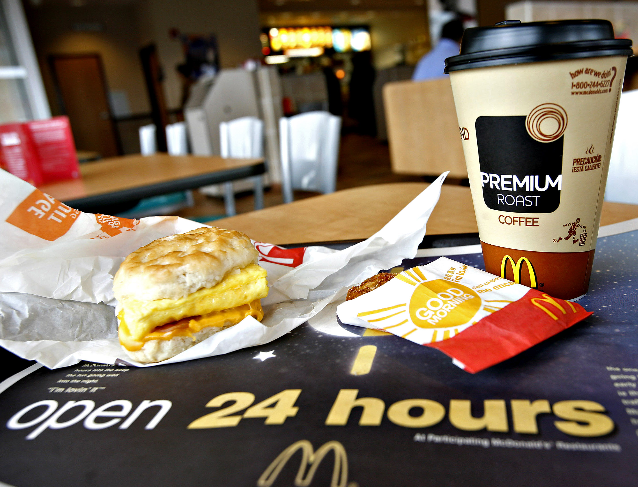 A sausage Egg McMuffin meal with hash browns and Premium Roast coffee is arranged for a photo in a McDonald's restaurant in Hillside, N.J., on April 13, 2007.