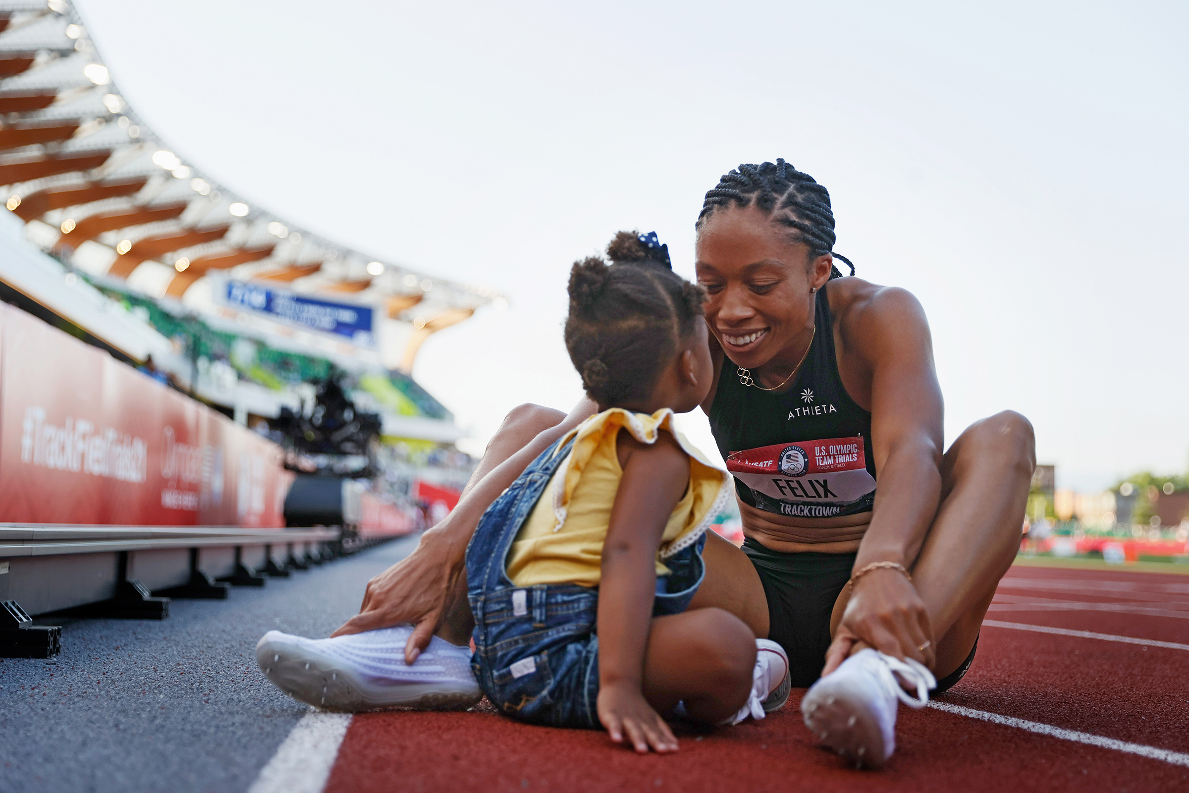 Felix with daughter Camryn at the U.S. track-and-field trials