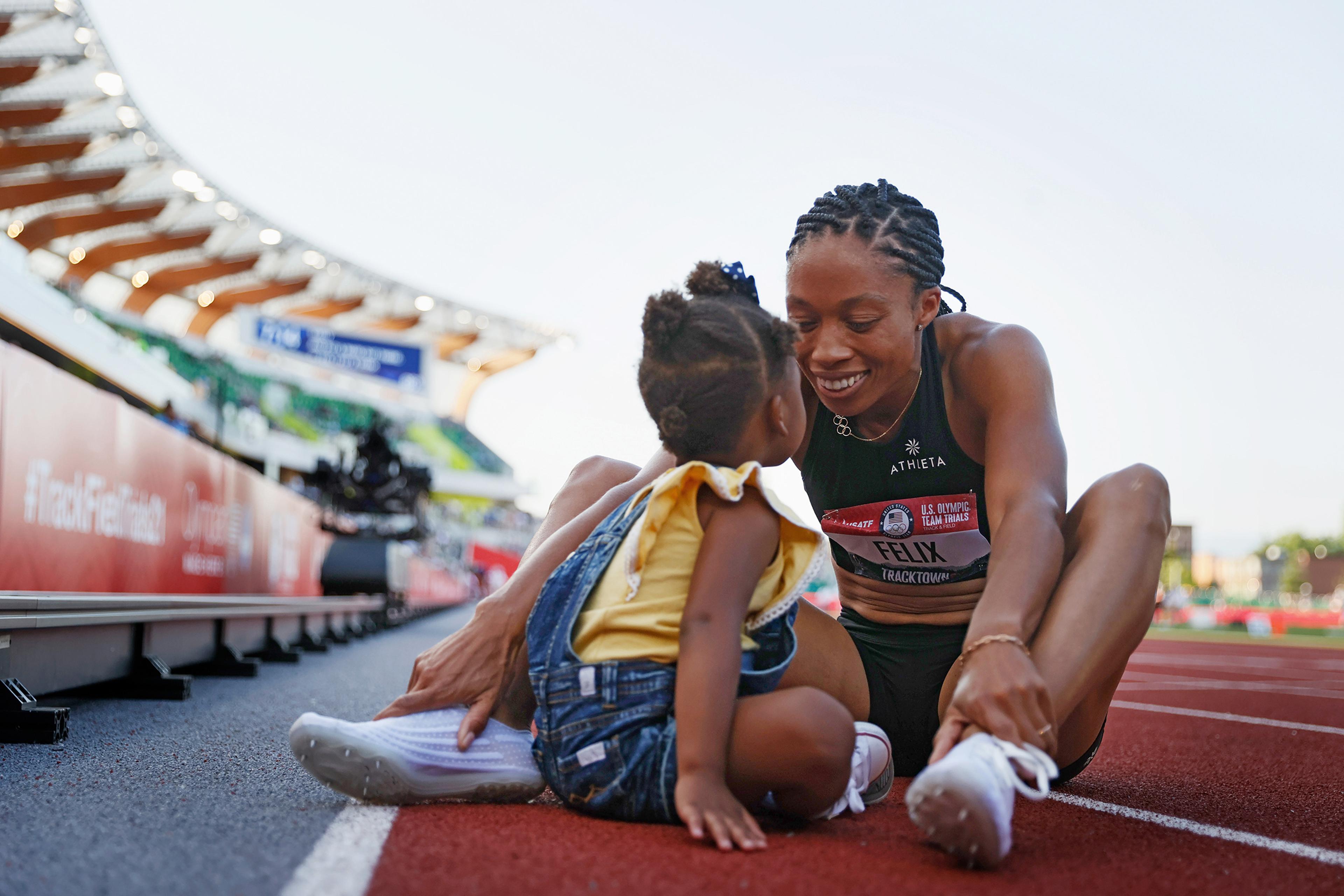 Felix with daughter Camryn at the U.S. track-and-field trials