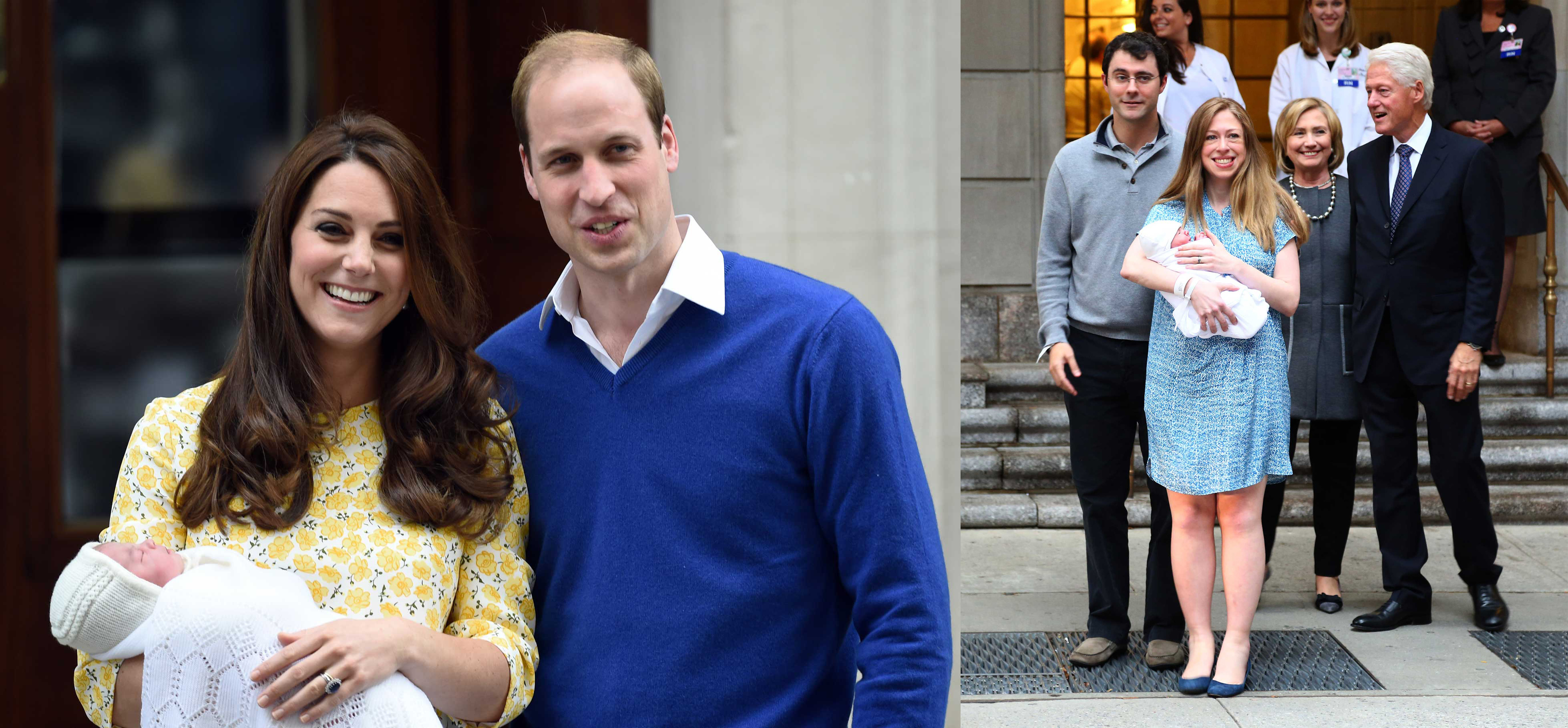 of Cambridge and Prince William, Duke of Cambridge leave the Lindo Wing at St. Mary's Hospital with their new born baby daughter. (R) Chelsea Clinton leaves Lenox Hill Hospital with her baby, Charlotte, husband Marc and parents, Bill and Hillary Clinton.