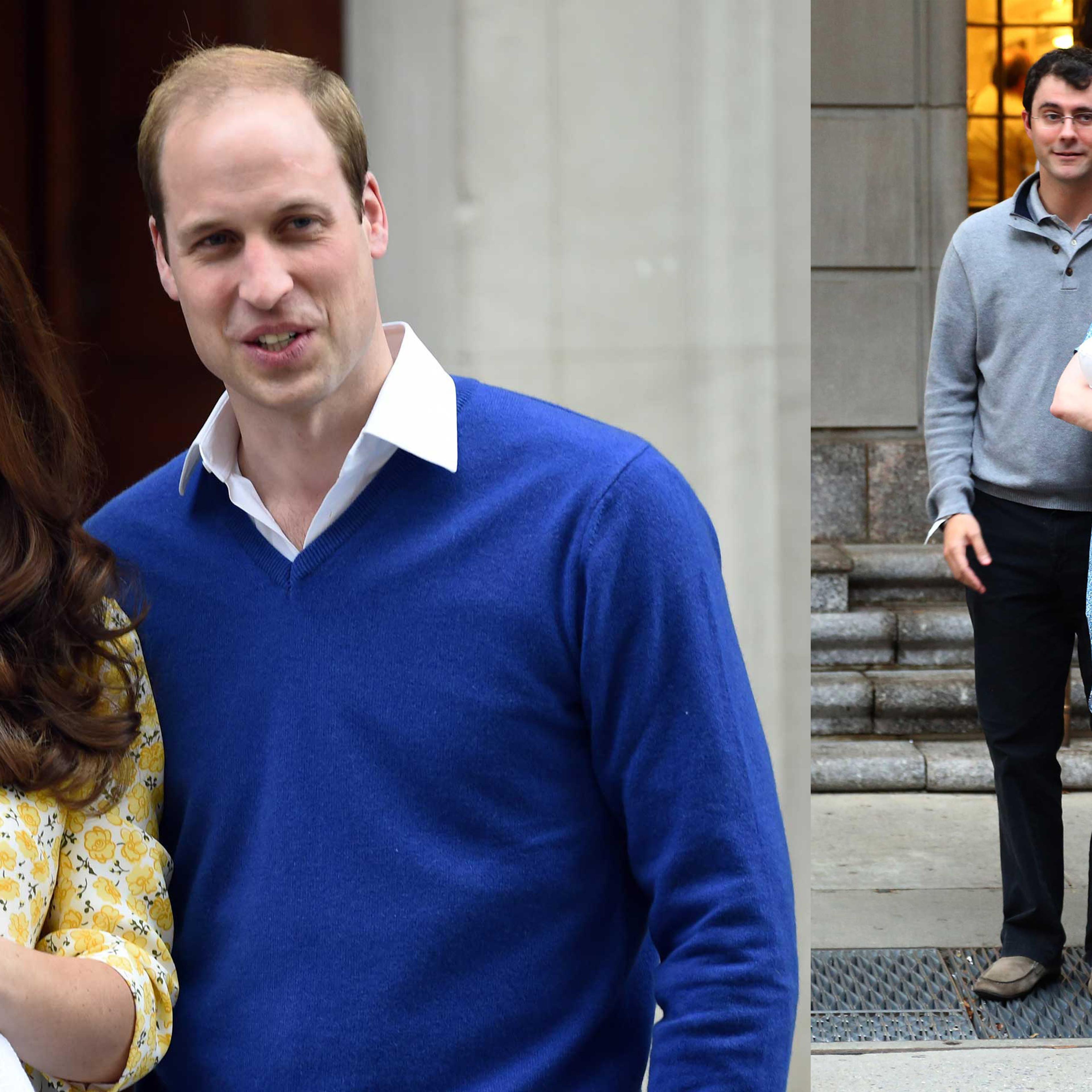 of Cambridge and Prince William, Duke of Cambridge leave the Lindo Wing at St. Mary's Hospital with their new born baby daughter. (R) Chelsea Clinton leaves Lenox Hill Hospital with her baby, Charlotte, husband Marc and parents, Bill and Hillary Clinton.