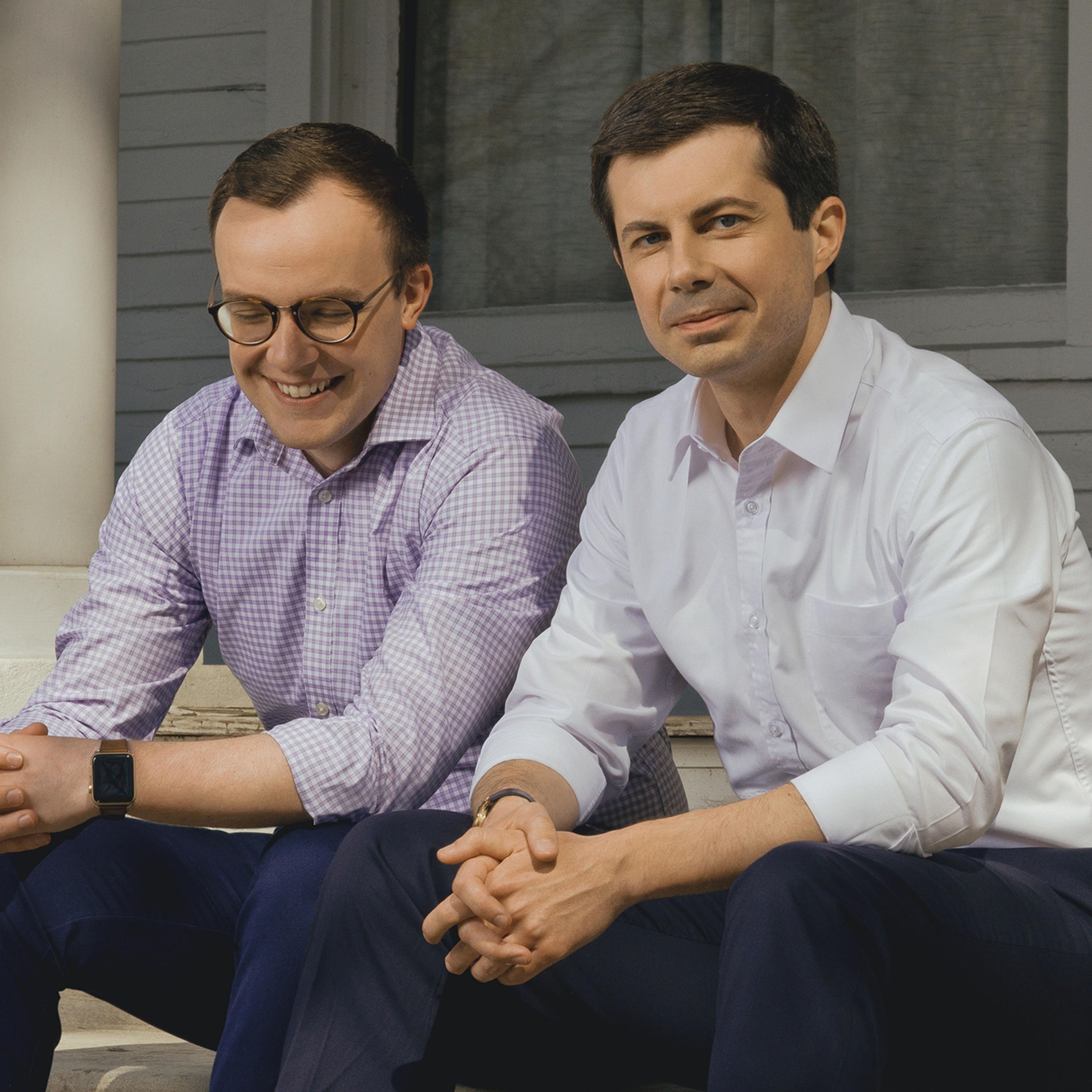 Chasten Glezman and Mayor Pete Buttigieg on the front steps of their home in South Bend, Ind.