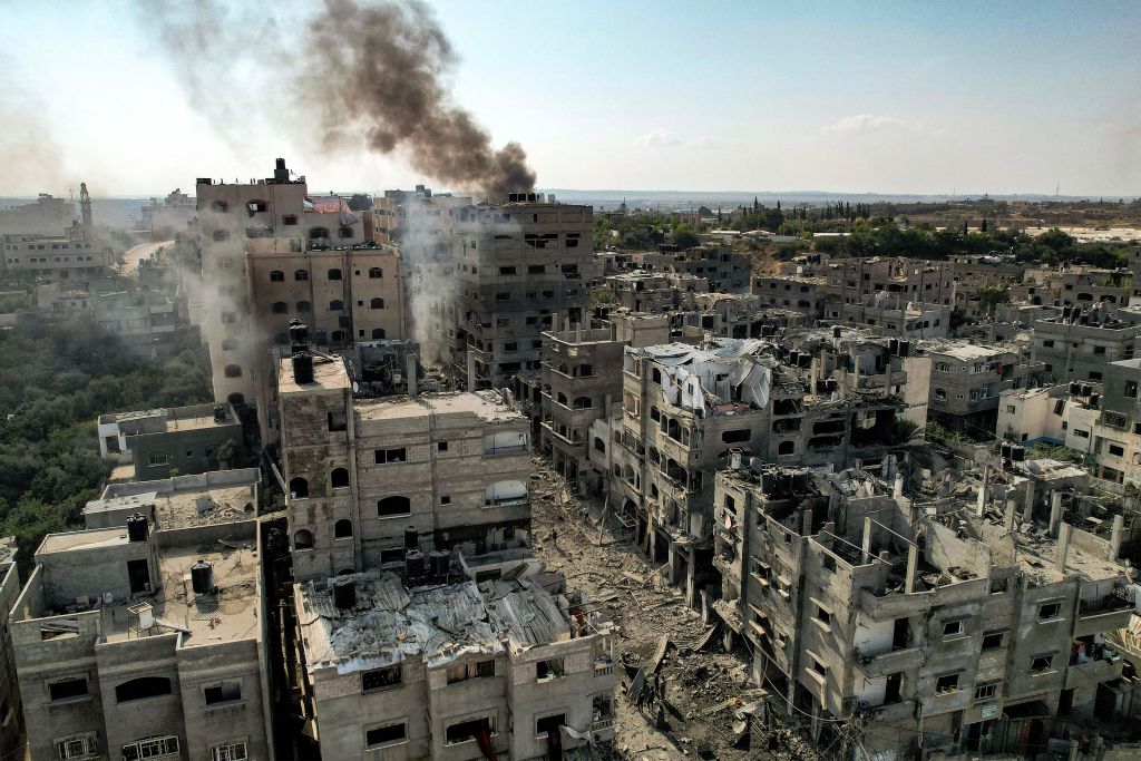 This picture taken on Oct. 11, 2023 shows an aerial view of buildings destroyed by Israeli air strikes in the Jabalia camp for Palestinian refugees in Gaza City. Israel declared war on Hamas on October 8 following a shock land, air and sea assault by the