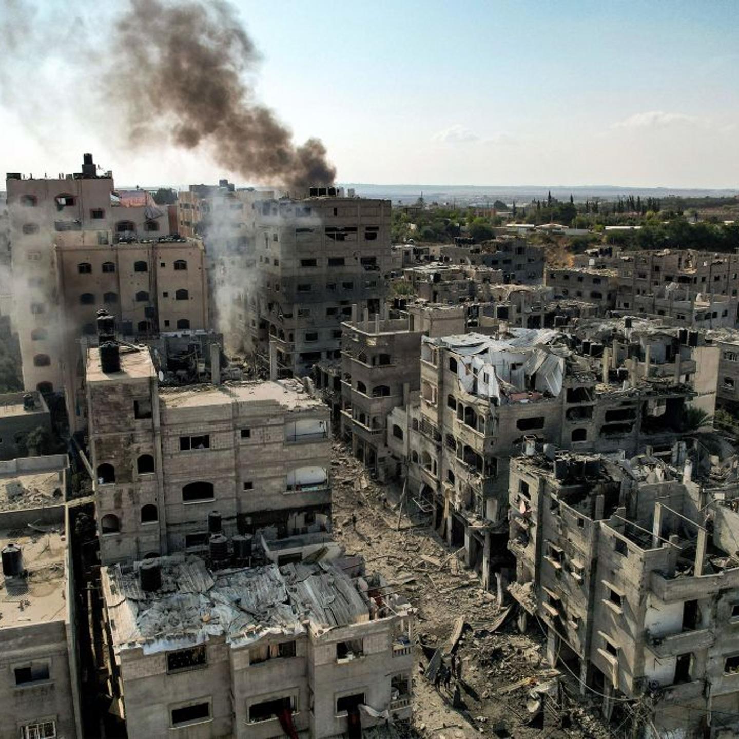 This picture taken on Oct. 11, 2023 shows an aerial view of buildings destroyed by Israeli air strikes in the Jabalia camp for Palestinian refugees in Gaza City. Israel declared war on Hamas on October 8 following a shock land, air and sea assault by the