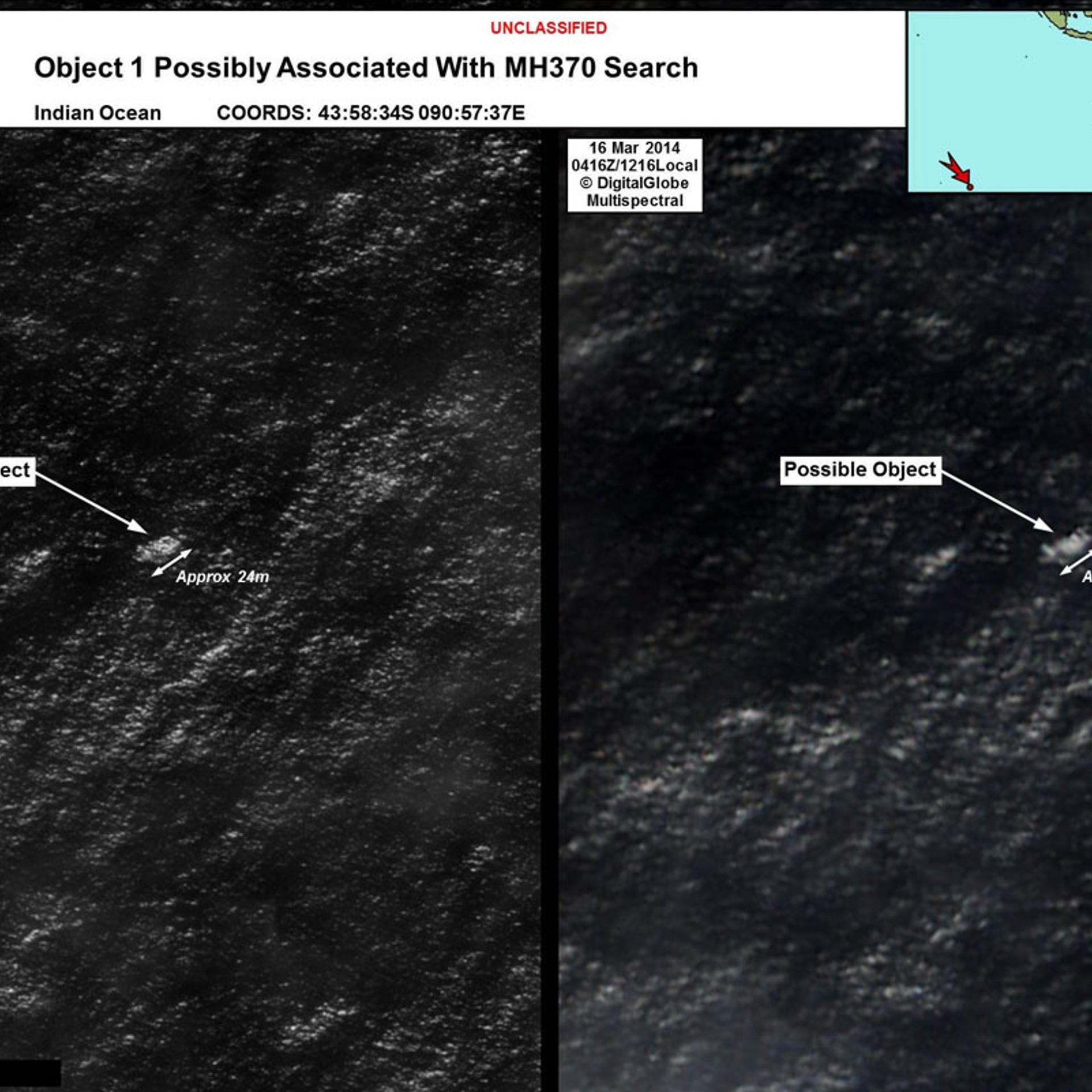 A satellite image of objects that may be possible debris of the missing Malaysia Airlines Flight MH370 in the Indian Ocean, released on March 20, 2014.