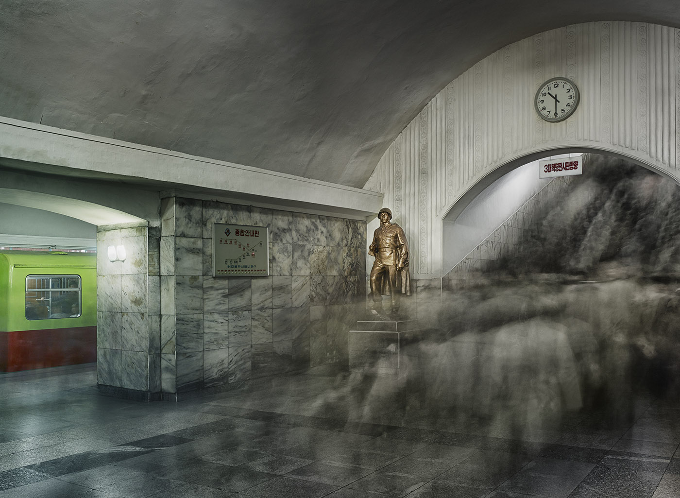 Rush hour | Pyongyang MetroThe stations contained within the Pyongyang Metro showcase distinct designs, usually featuring statues, mosaics, and a frequent use of marble; much of this subway system is reminiscent of the Moscow Metro’s opulent station inte
