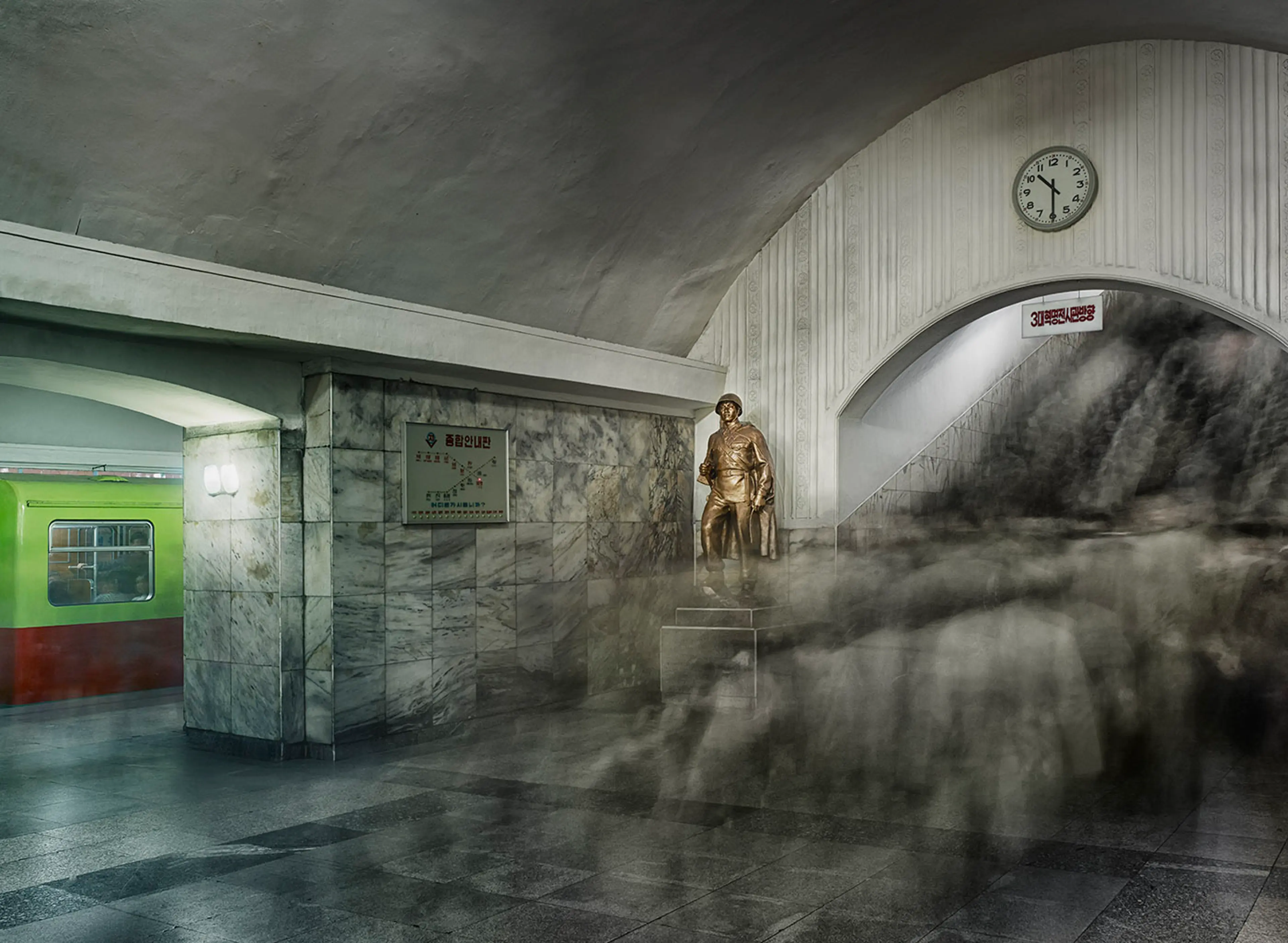 Rush hour | Pyongyang MetroThe stations contained within the Pyongyang Metro showcase distinct designs, usually featuring statues, mosaics, and a frequent use of marble; much of this subway system is reminiscent of the Moscow Metro’s opulent station inte