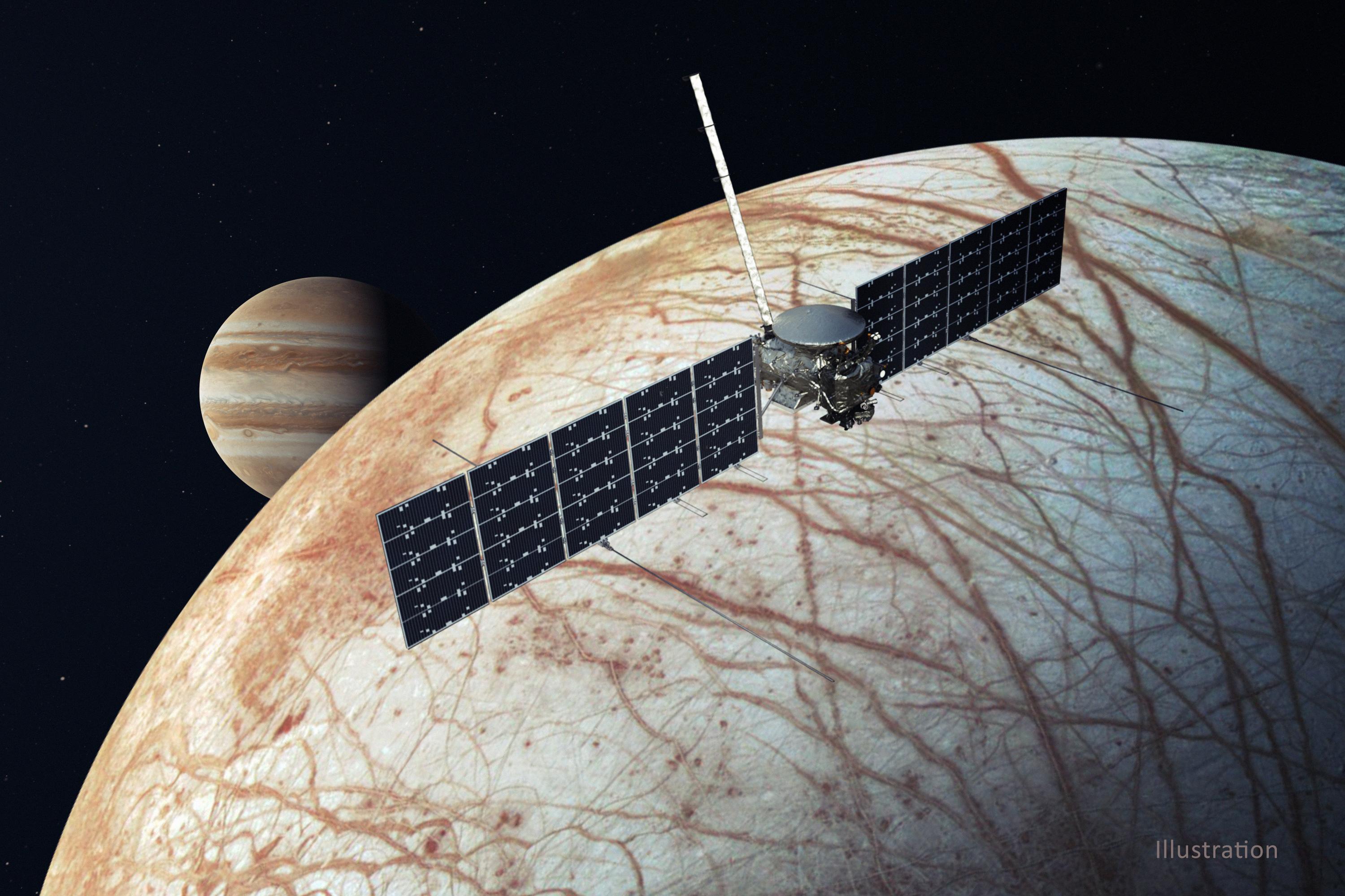 An artist's rendering of Europa clipper barnstorming its target moon, with Jupiter in the background