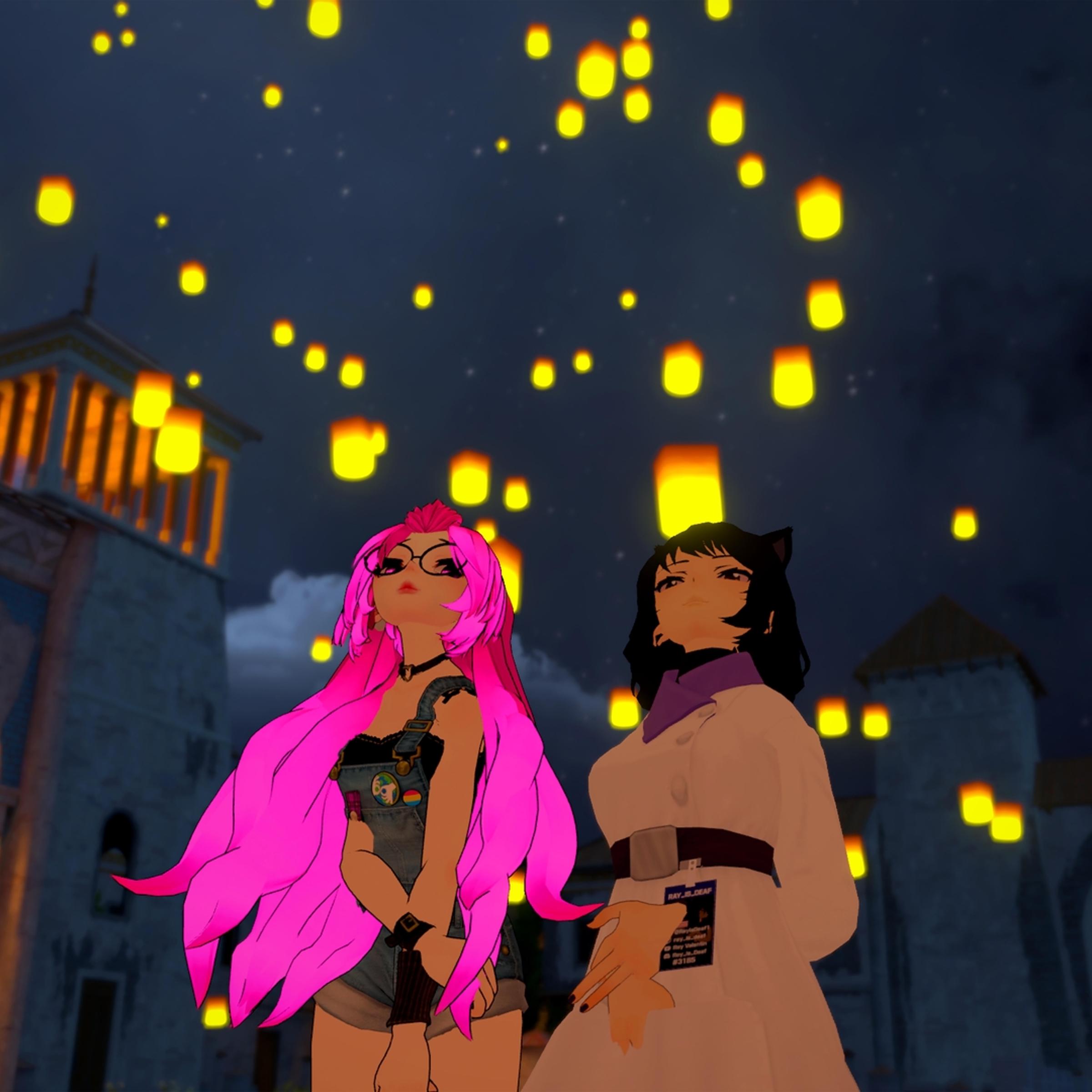 The avatars of Jenny, left, and Ray in the app VRChat, as seen in the film "We Met in Virtual Reality."