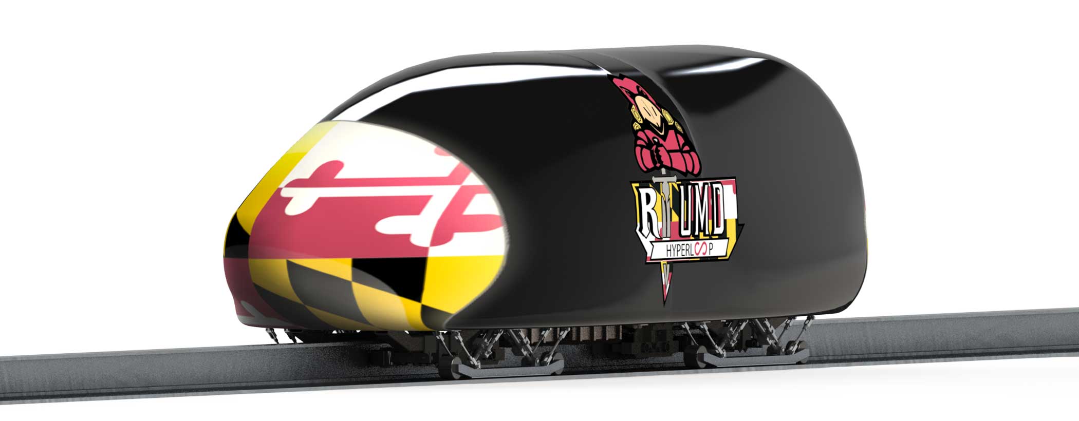 The University of Maryland and Rutgers University joint team's pod, Prometheus, "uses a unique geometry of permanent magnets to induce levitation as the speed of the pod increases."