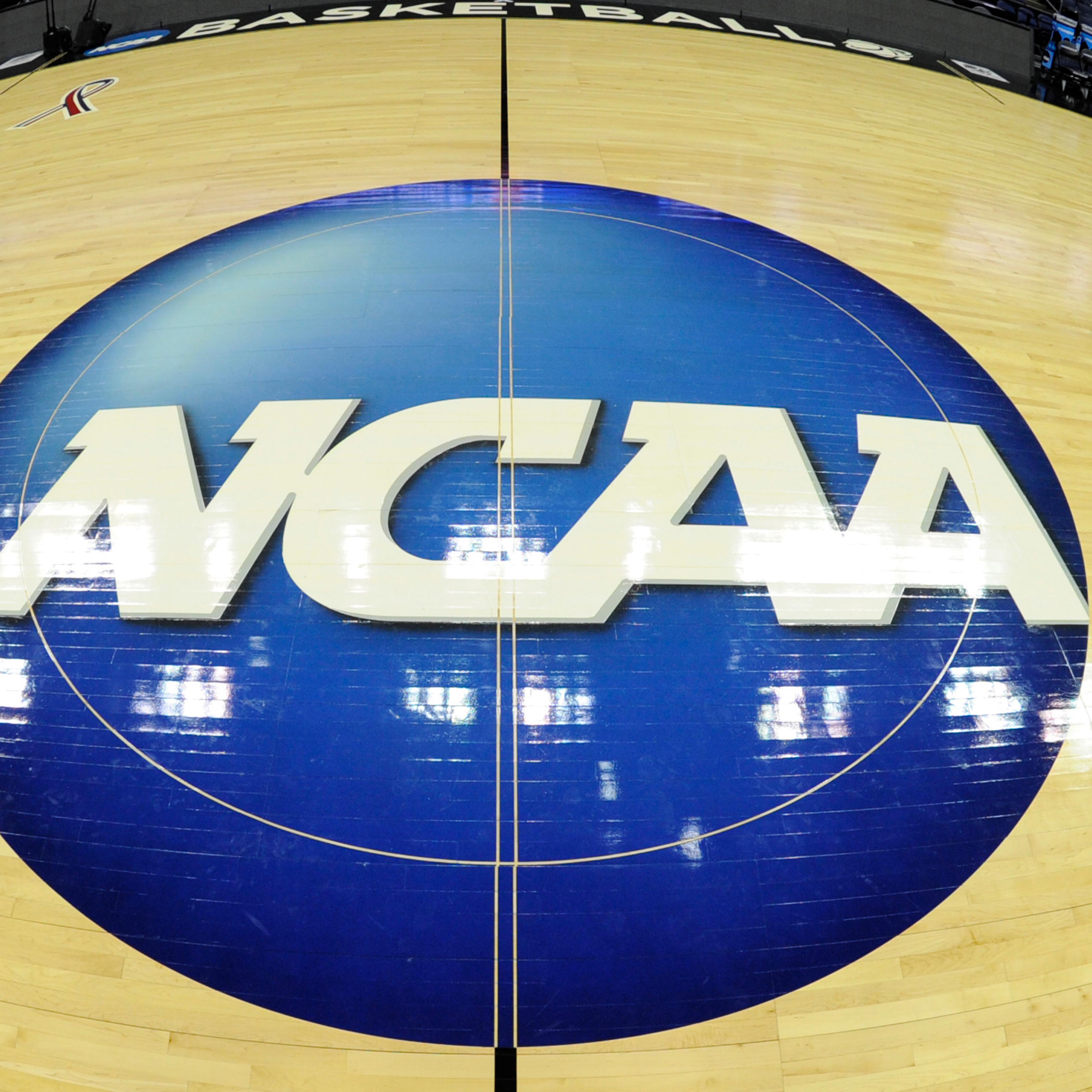 The NCAA logo on the floor before the third round of the 2015 NCAA Men's Basketball Tournament on March 22, 2015 in Columbus, Ohio.