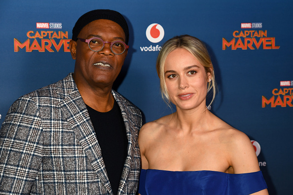Samuel L. Jackson and Brie Larson attend the 'Captain Marvel European Gala' held at The Curzon Mayfair in London on February 27, 2019.