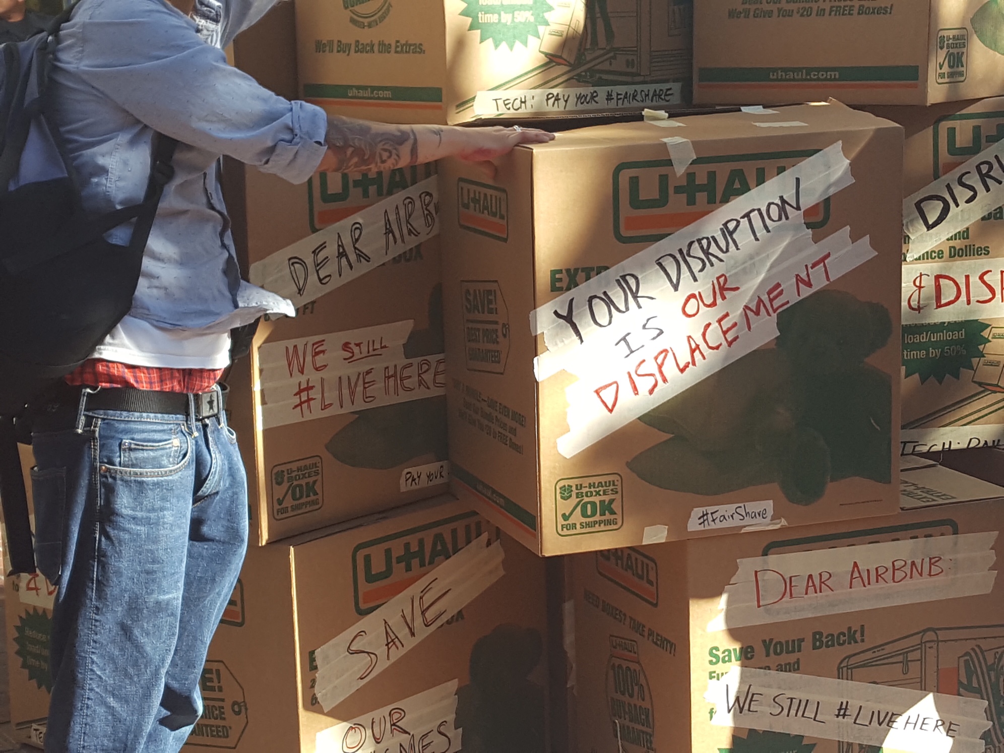 Protestors who support the San Francisco "tech tax" proposal decorated moving boxes to underscore their concerns about the displacement of low-income residents during a protest in the city on July 21, 2016. 