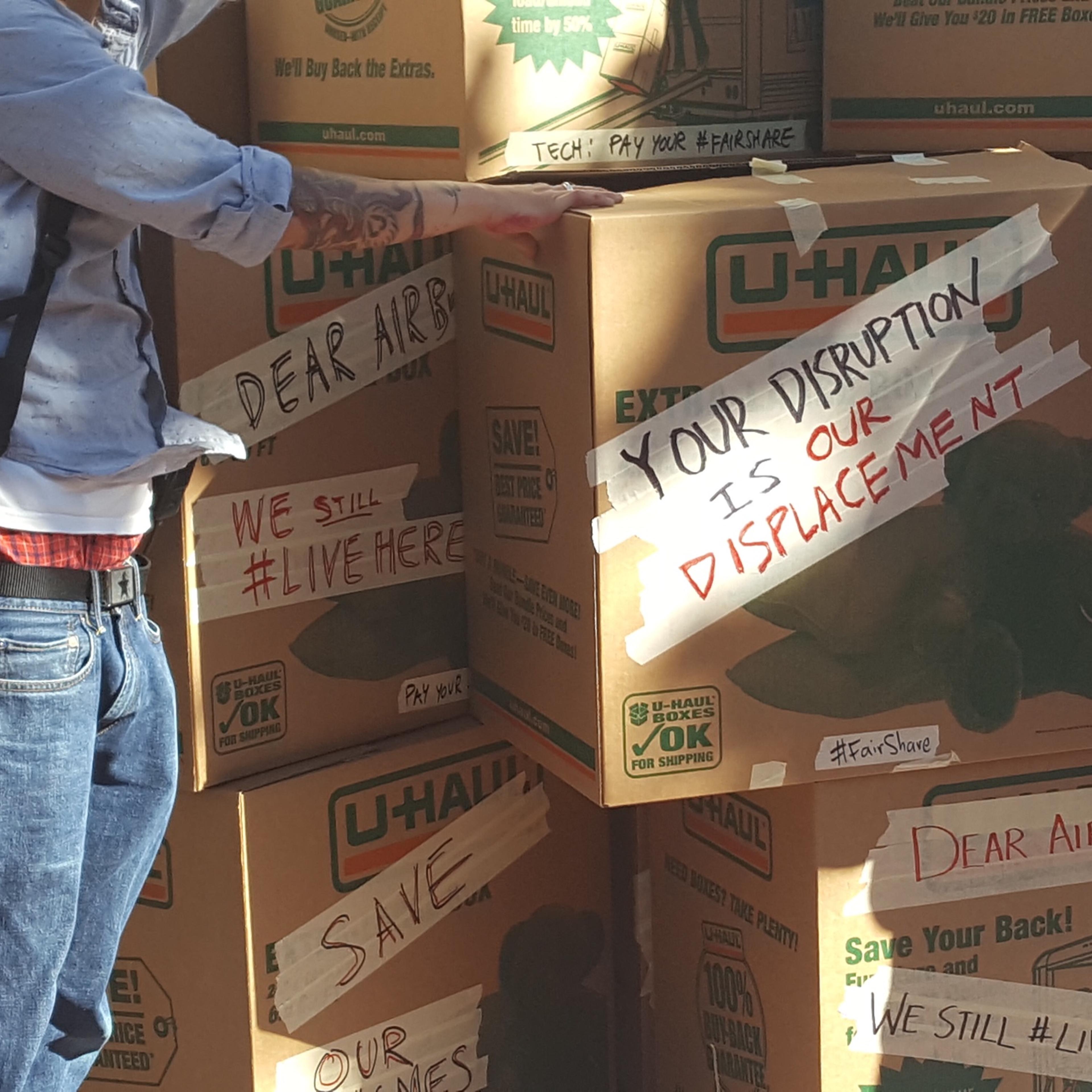Protestors who support the San Francisco "tech tax" proposal decorated moving boxes to underscore their concerns about the displacement of low-income residents during a protest in the city on July 21, 2016.