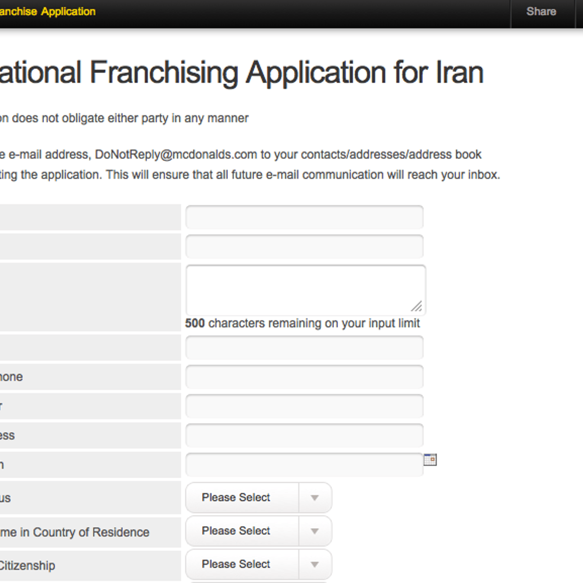 A screenshot of a page on the McDonald's website taken on July 17, 2015 shows a franchise application form for Iran