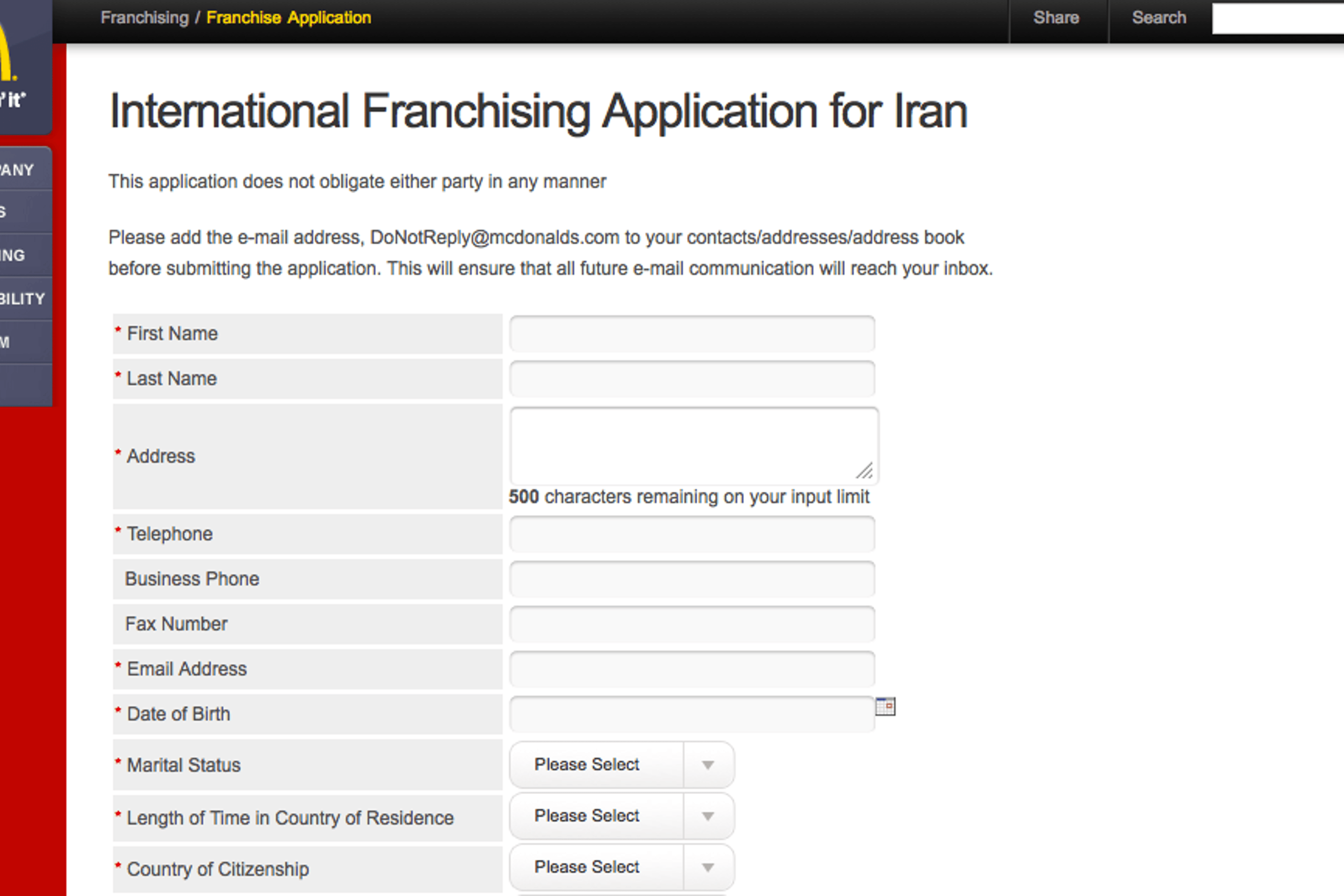 A screenshot of a page on the McDonald's website taken on July 17, 2015 shows a franchise application form for Iran