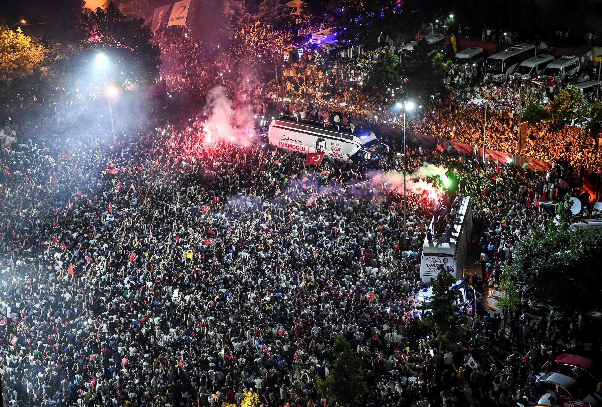 Istanbul citizens gather to celebrate after the Republican People's Party (CHP) candidate Ekrem Imamoglu won Istanbul's mayoral re-run elections on June 23.