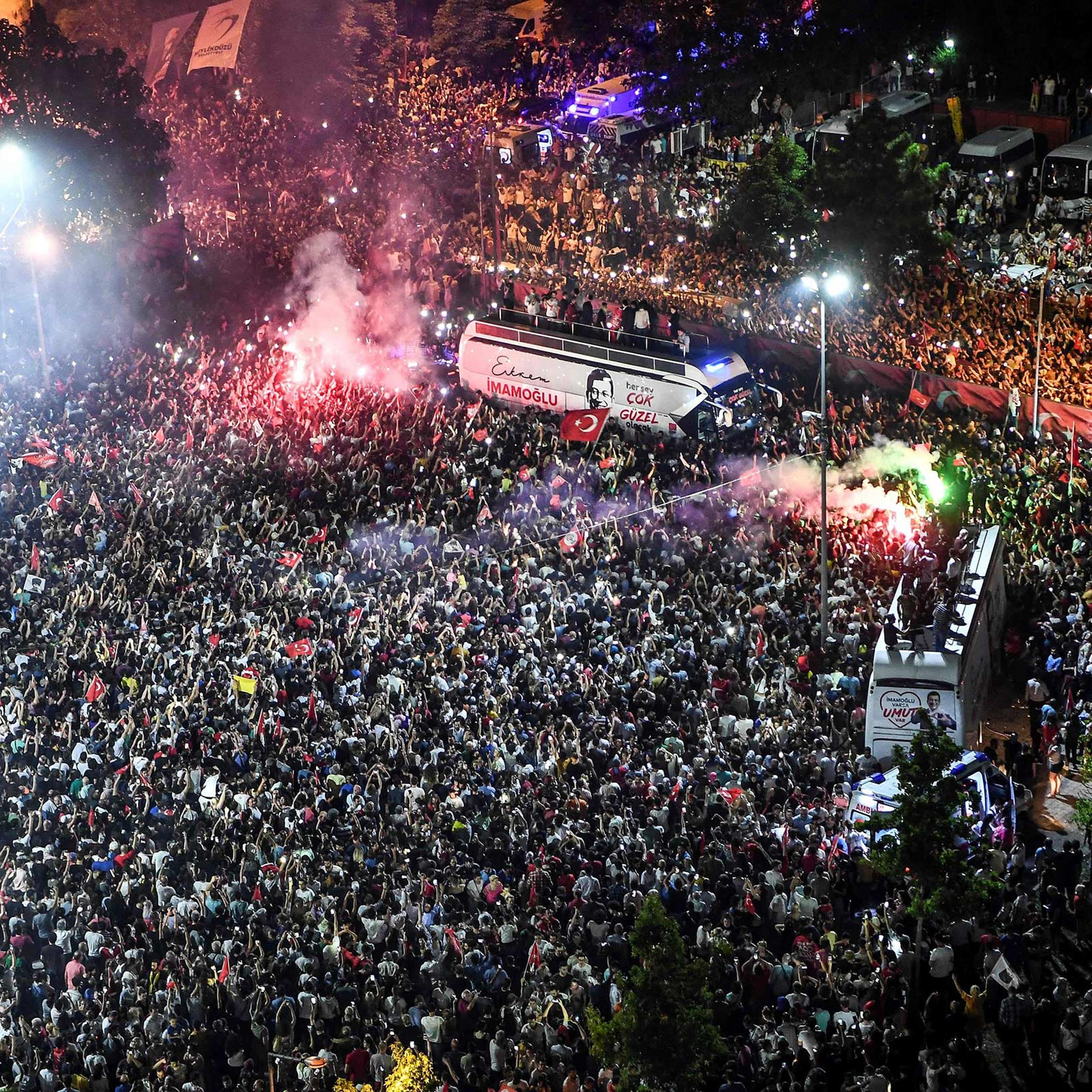 Istanbul citizens gather to celebrate after the Republican People's Party (CHP) candidate Ekrem Imamoglu won Istanbul's mayoral re-run elections on June 23.