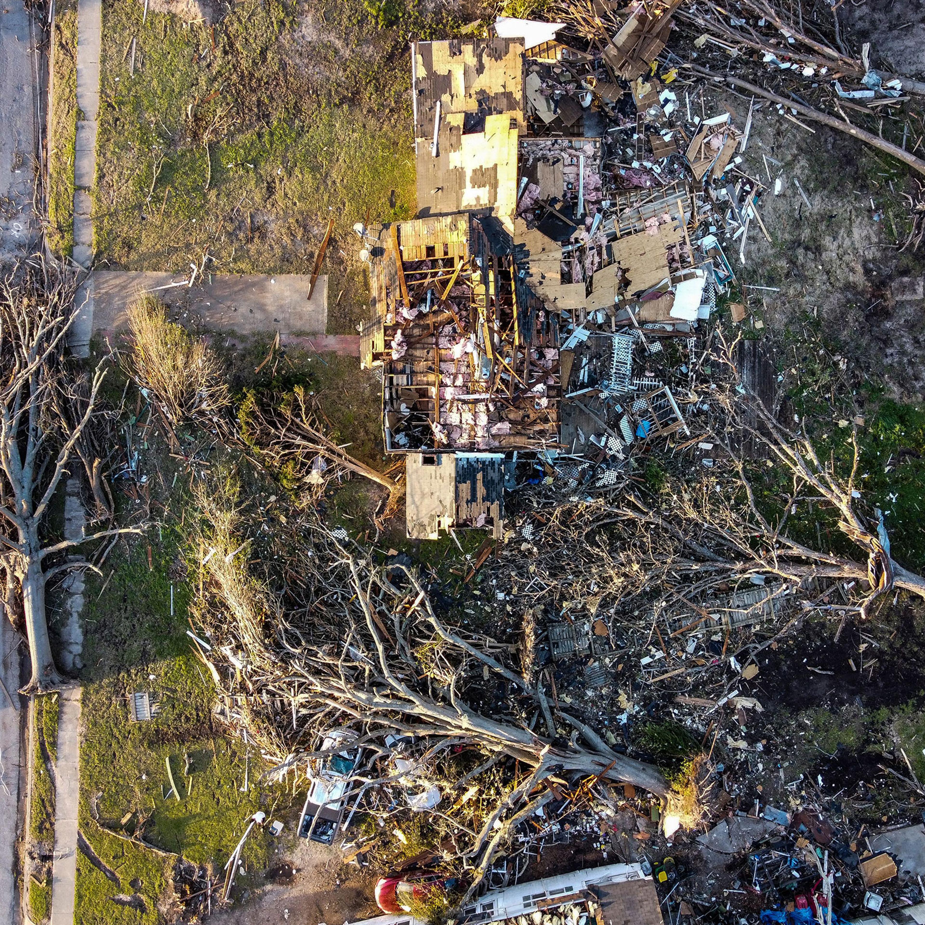 Aerial view of a destroyed neighborhood in Rolling Fork, Miss., after a tornado touched down in the area March 25, 2023.