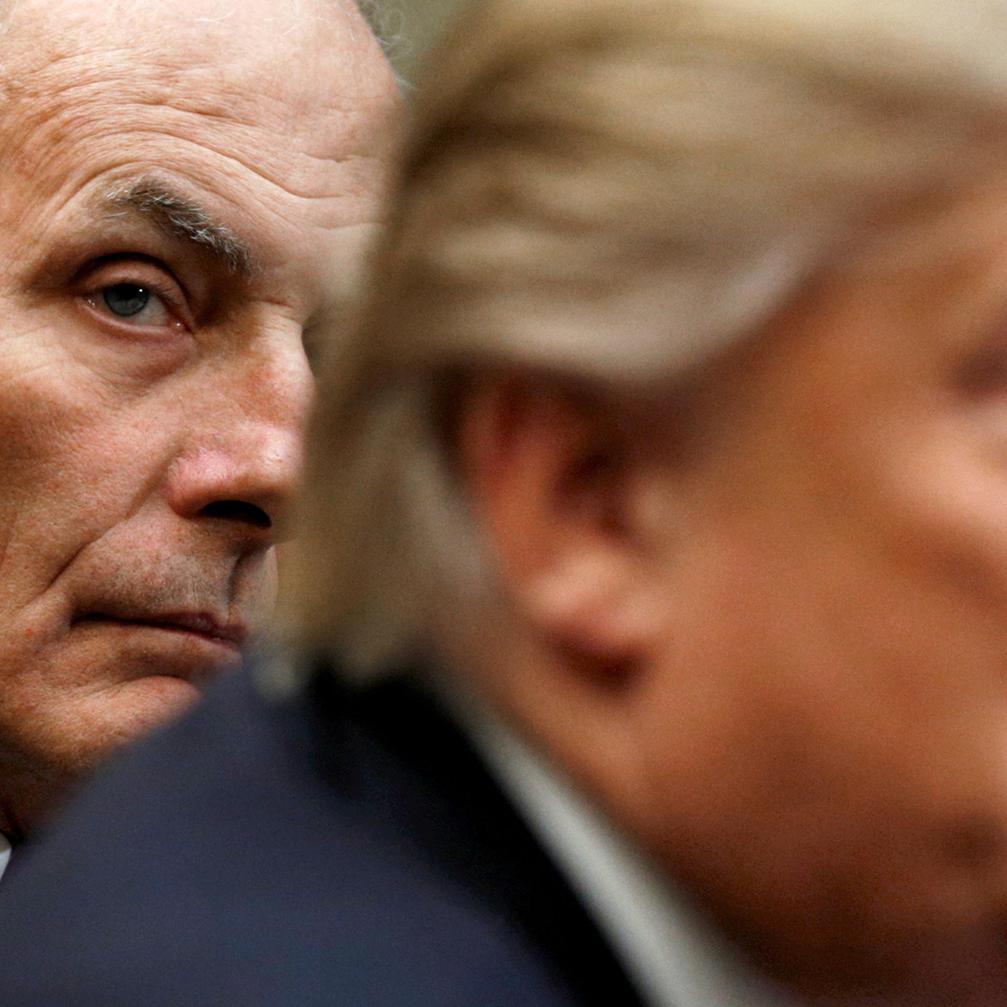 General John Kelly and President Trump attend a meeting on cybersecurity in the White House’s Roosevelt Room on Jan. 31