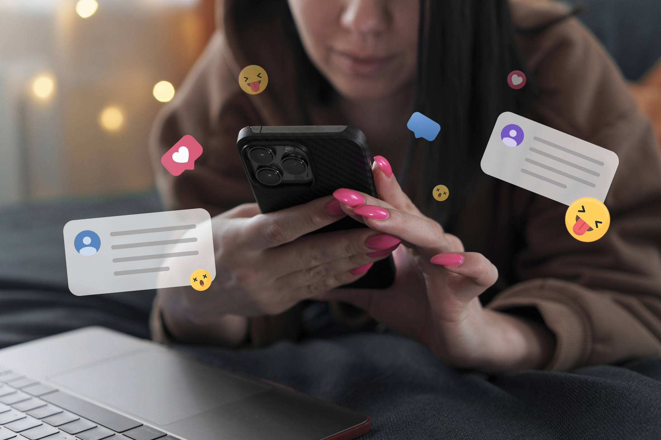 A young woman looks at content on her phone.