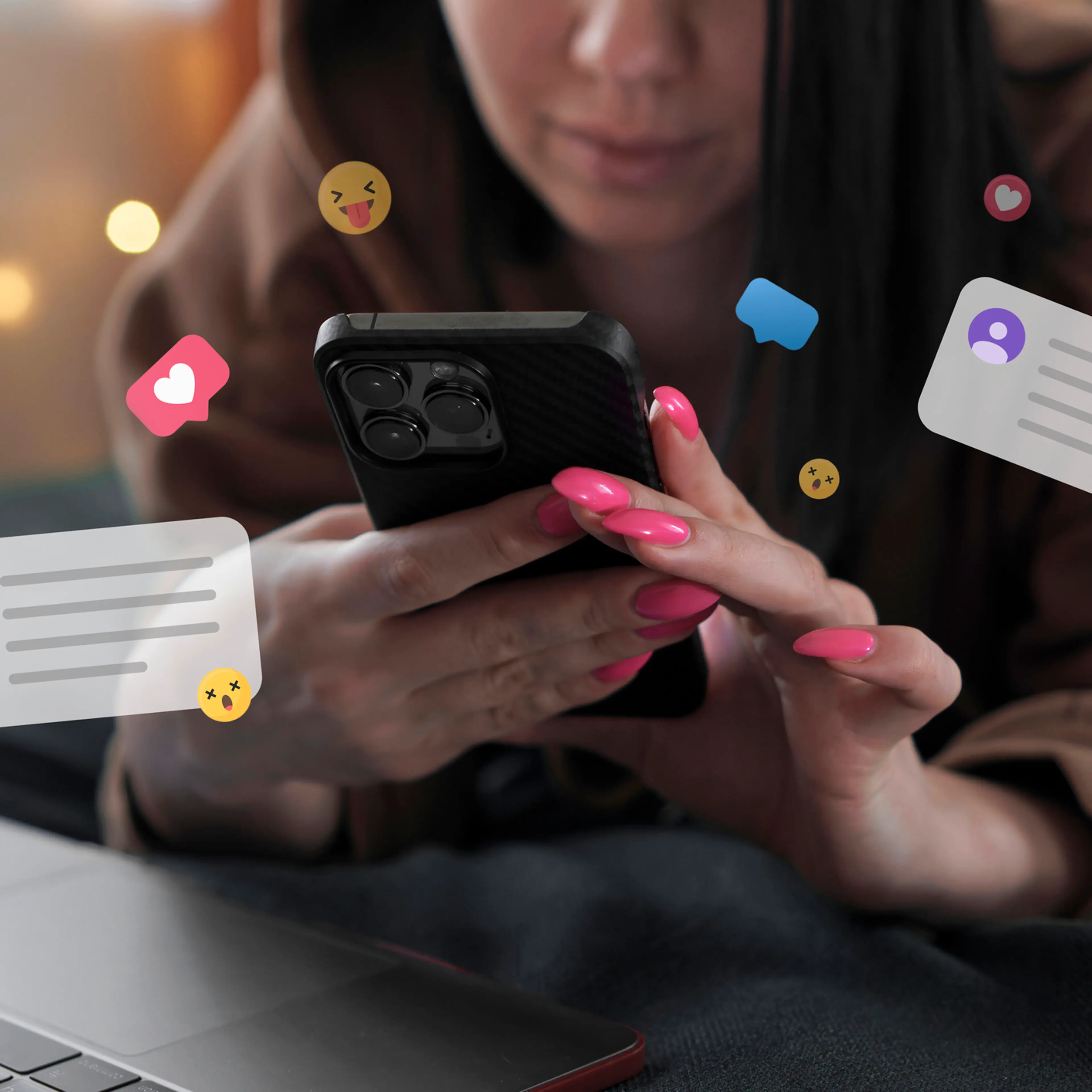 A young woman looks at content on her phone.