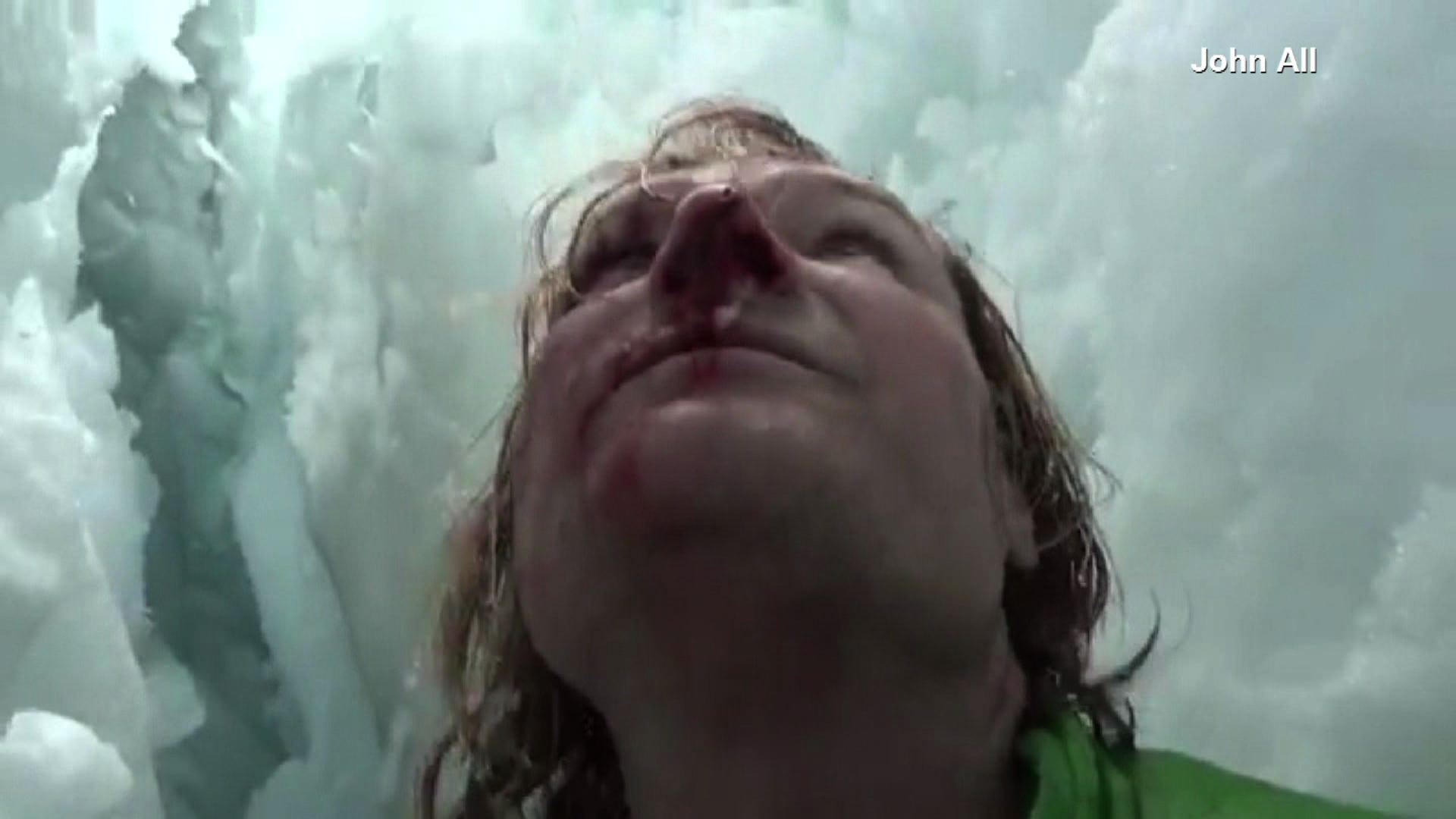 Professor John Ali falls 70ft into a crevasse.