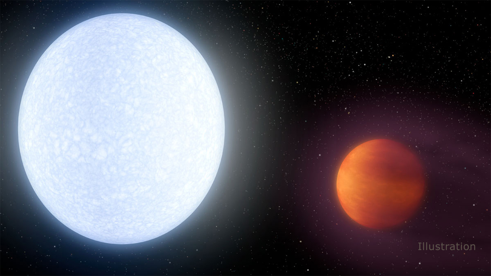 This artist's concept shows planet KELT-9b orbiting its host star, KELT-9. It is the hottest gas giant planet discovered so far.