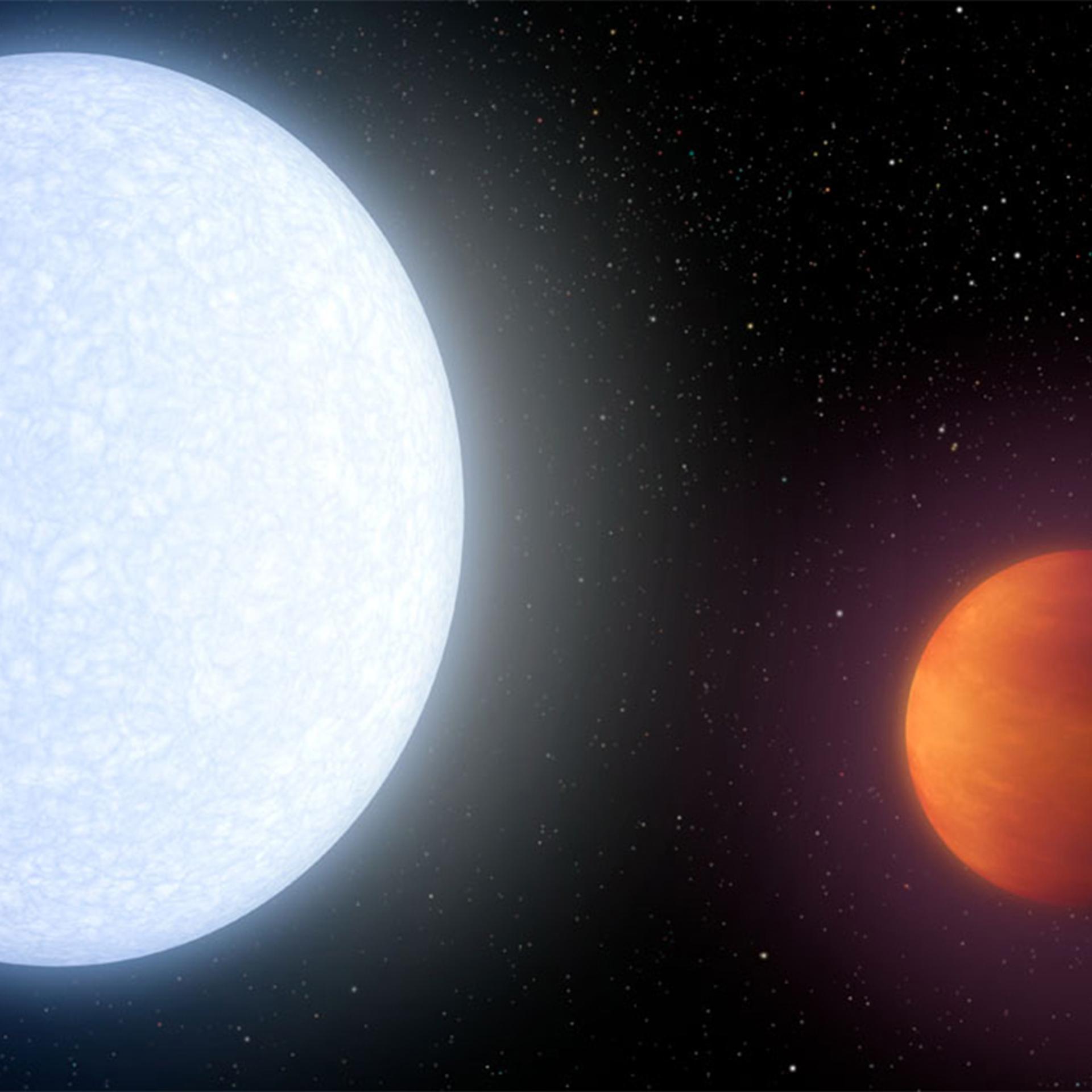 This artist's concept shows planet KELT-9b orbiting its host star, KELT-9. It is the hottest gas giant planet discovered so far.